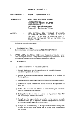 ACTA Entrega Vehiculo - ENTREGA DEL VEHÍCULO LUGAR Y FECHA : Bogotá 12  Septiembre del 2020 - Studocu