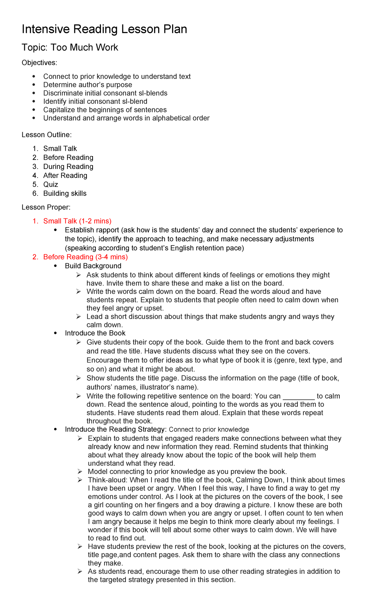 Intensive LP Calming Down - Intensive Reading Lesson Plan Topic: Too ...