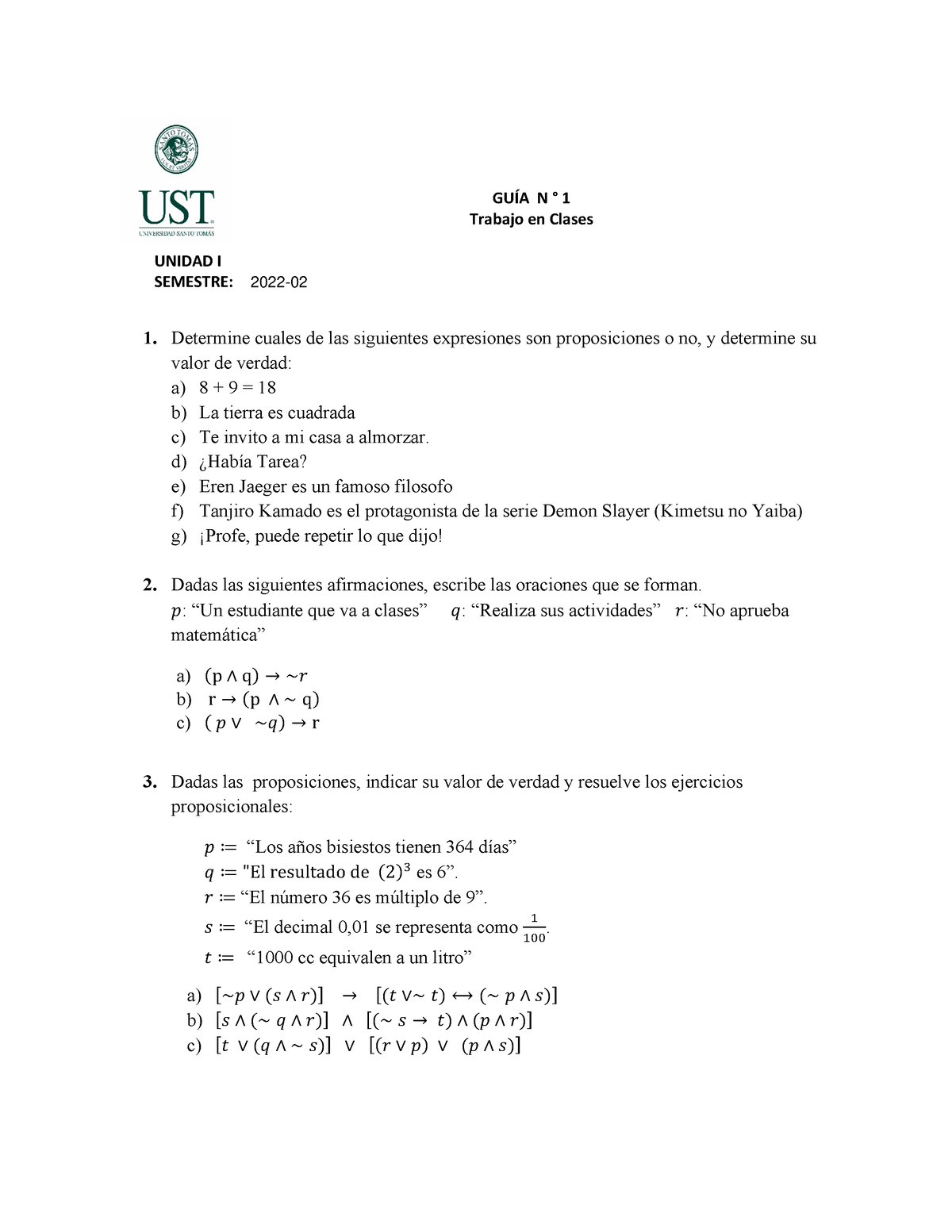 MAT017 - Gu AÌƒÂ A 1 - L AÌƒÂ³gica - GUÍA N ° 1 Trabajo En Clases ...