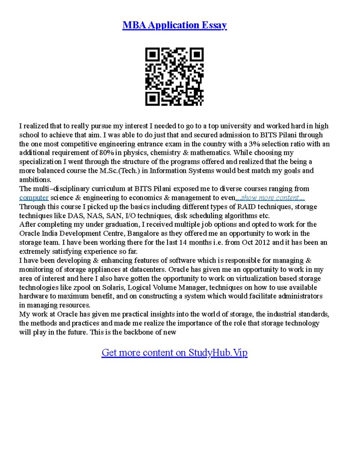 Graduate Admissions Essays - MBA Application Essay I realized that to ...