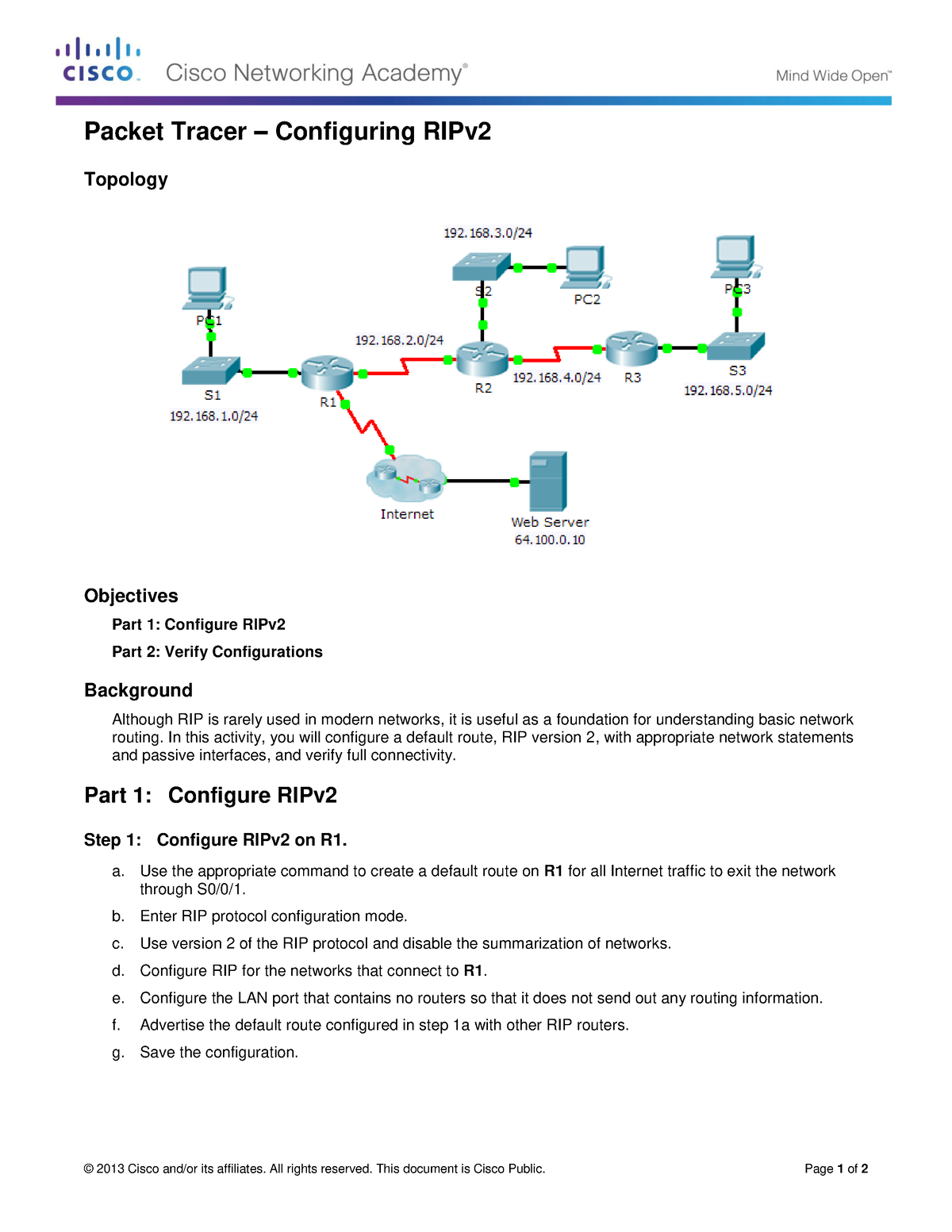 Configuring RIPv2 Instructions - © 2013 Cisco and/or its affiliates ...