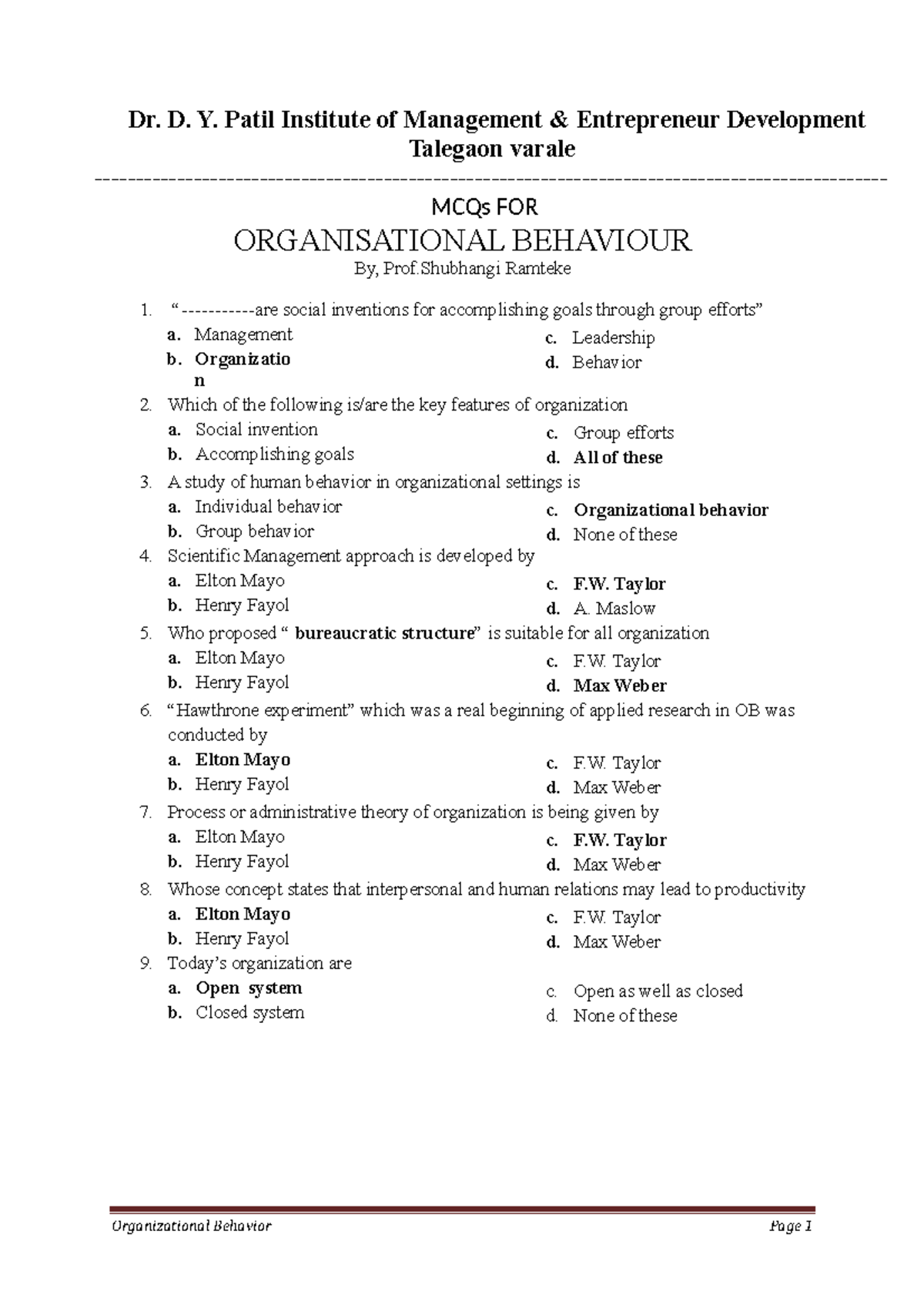 Organizational Behaviour mcqs Organizational Behavior Page 1 Dr. D. Y