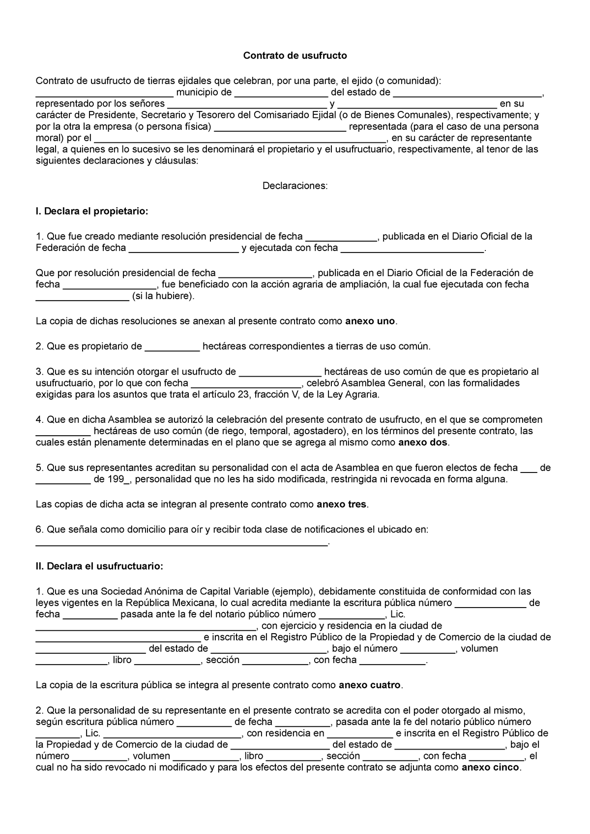 Contrato usufructo 2 - Contrato de usufructo Contrato de usufructo de  tierras ejidales que celebran, - Studocu