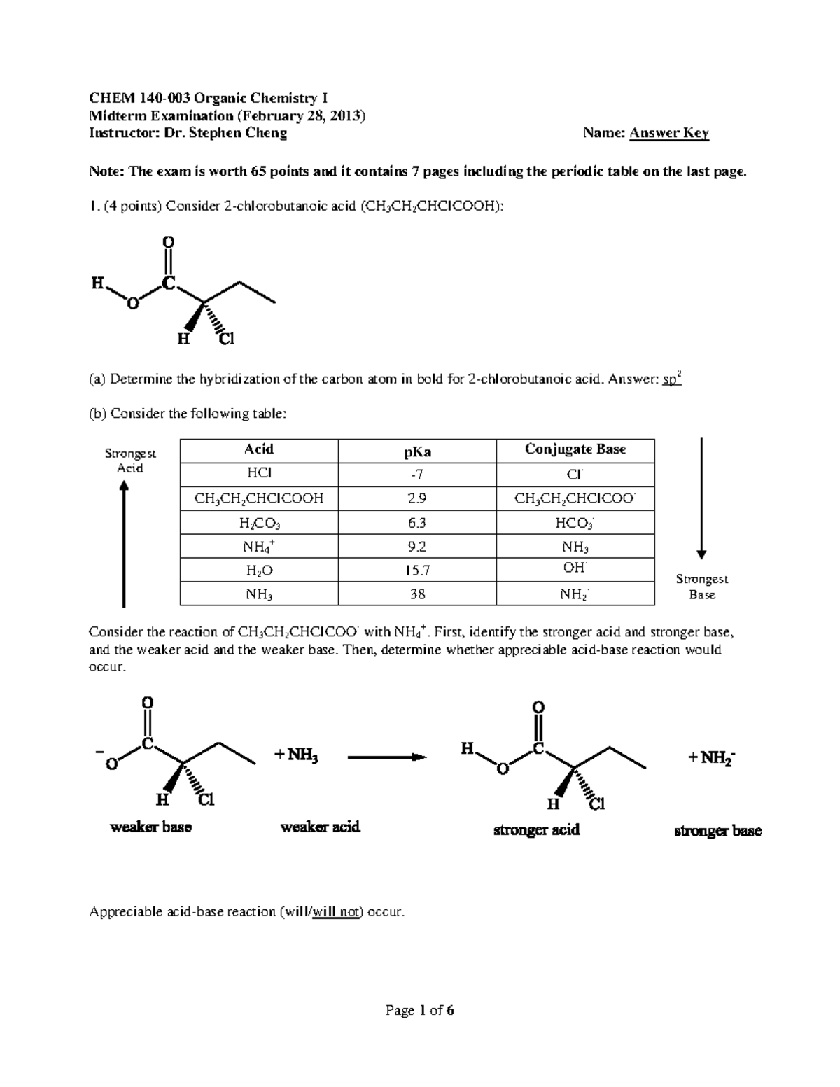 CHEM 140 13W Midterm Answer Key - CHEM 140-003 Organic Chemistry I ...
