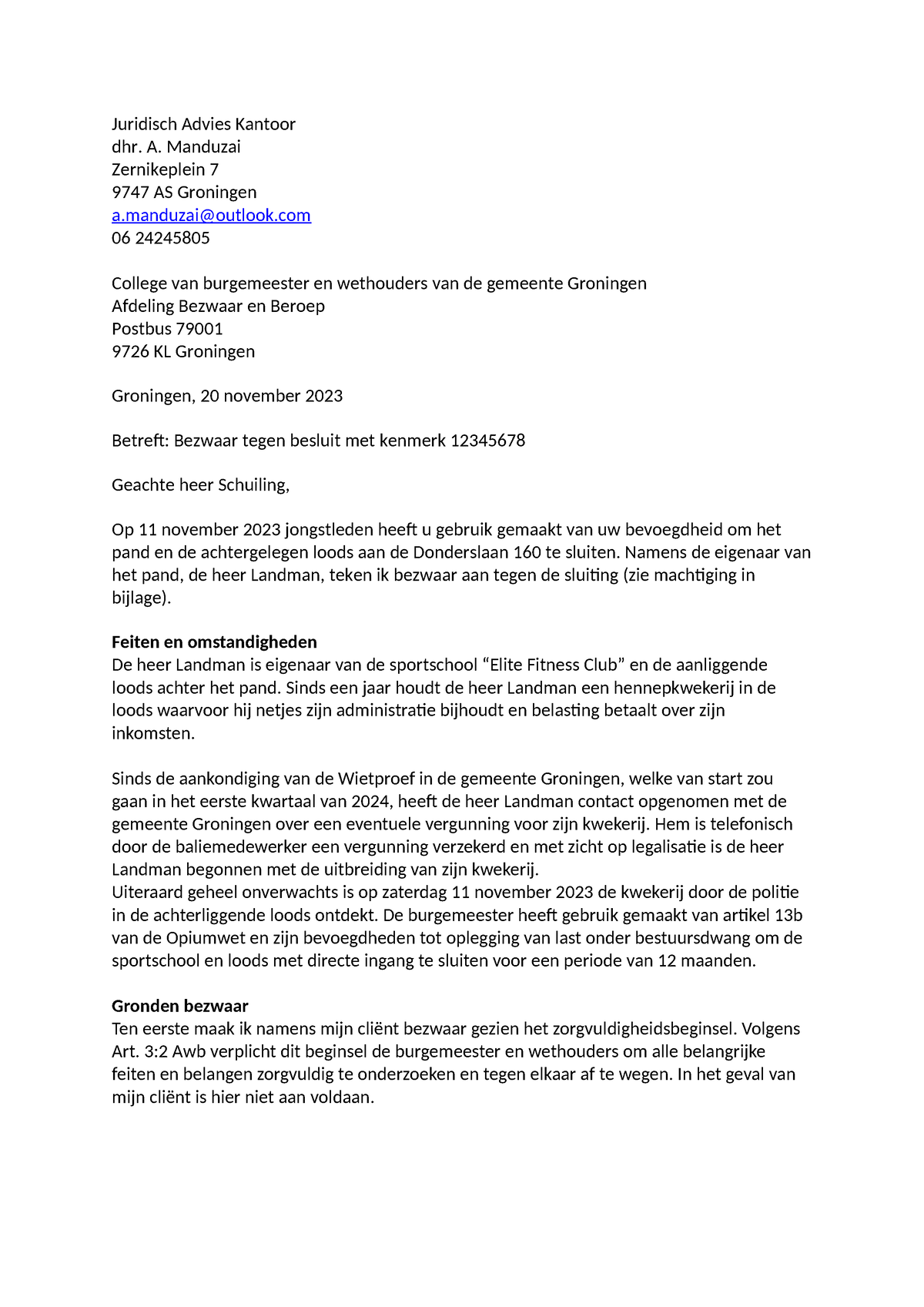 Bezwaarschrift Cannabis In Corpus Den Hoorn - Juridisch Advies Kantoor ...