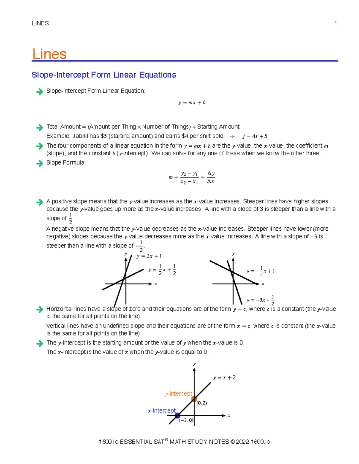 SAT Math Study Notes V1 - LINES 1 Lines Slope-Intercept Form Linear ...