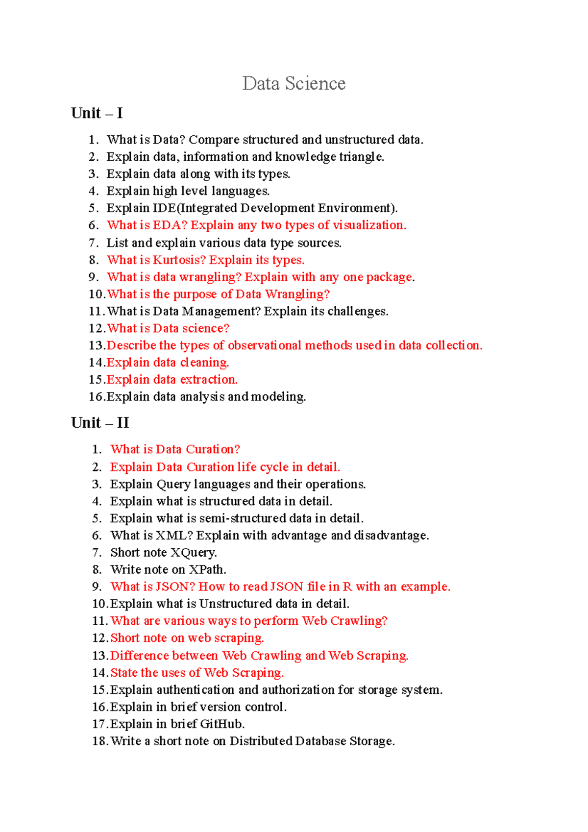 DS Questions - Data Science Unit – I What is Data? Compare structured ...