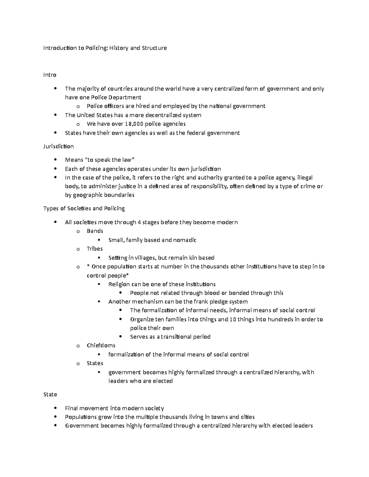 Introduction to Policing History and Structure Notes - Introduction to