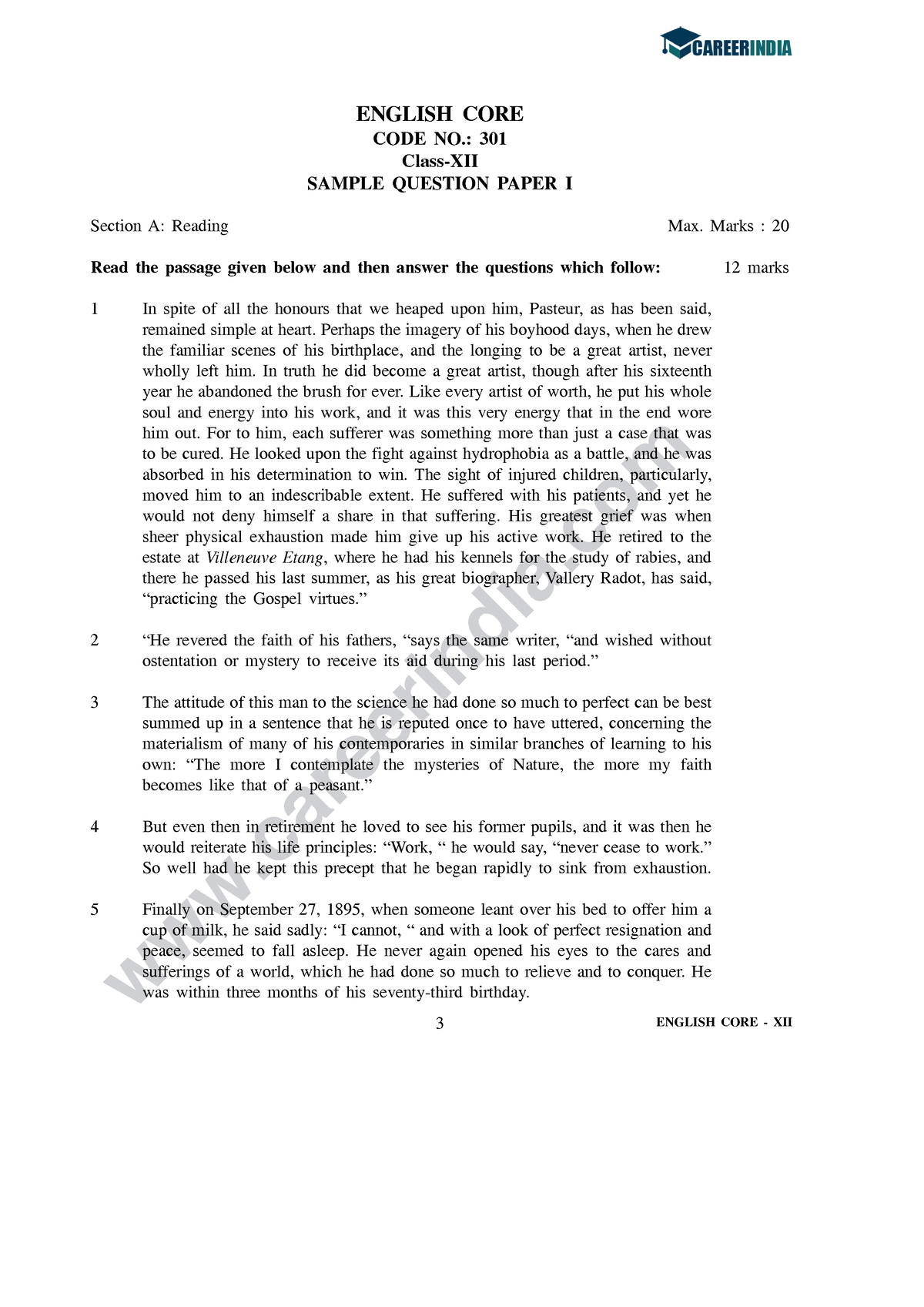 CBSE Class 12 English Core Sample Question Paper-1 - General English ...