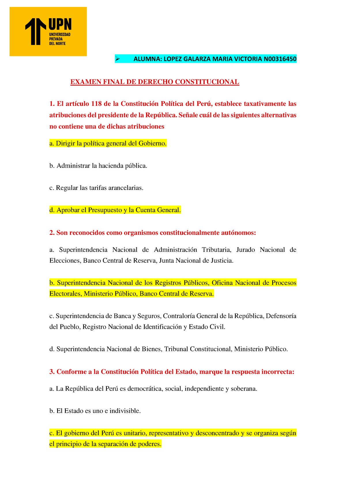 Examen Final Derecho Constitucional - Lopez Galarza - ALUMNA: LOPEZ ...