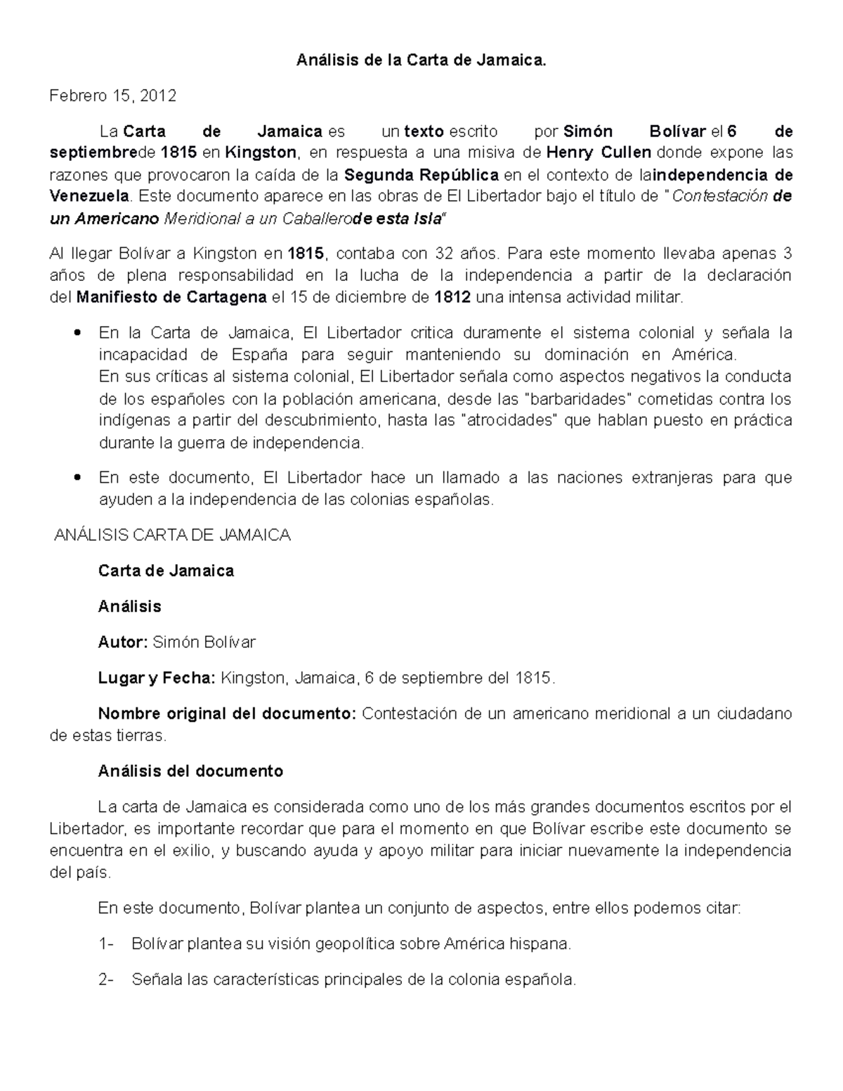 Analisis de La Carta de Jamaica Febrero 15, 2012 La Carta de Jamaica