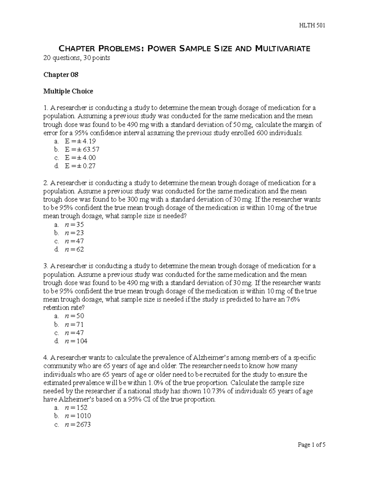 6Chapter Problems Power Sample Size and Multivariate - HLTH 501 - LU ...
