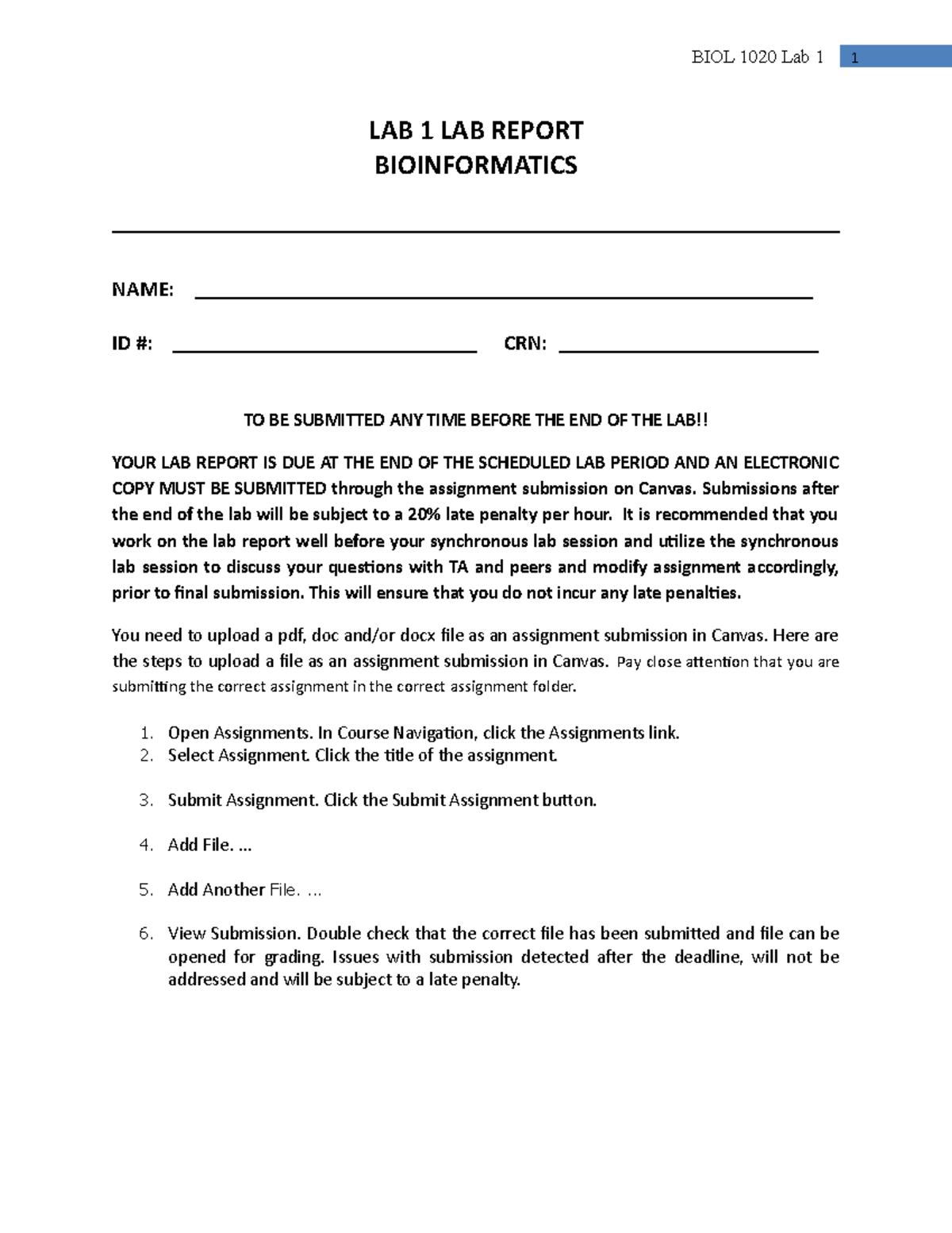 Lab 1 Bioinformatics Lab Assignment Biol1010 Lab 1 Lab Report Bioinformatics Name Id Crn 8230