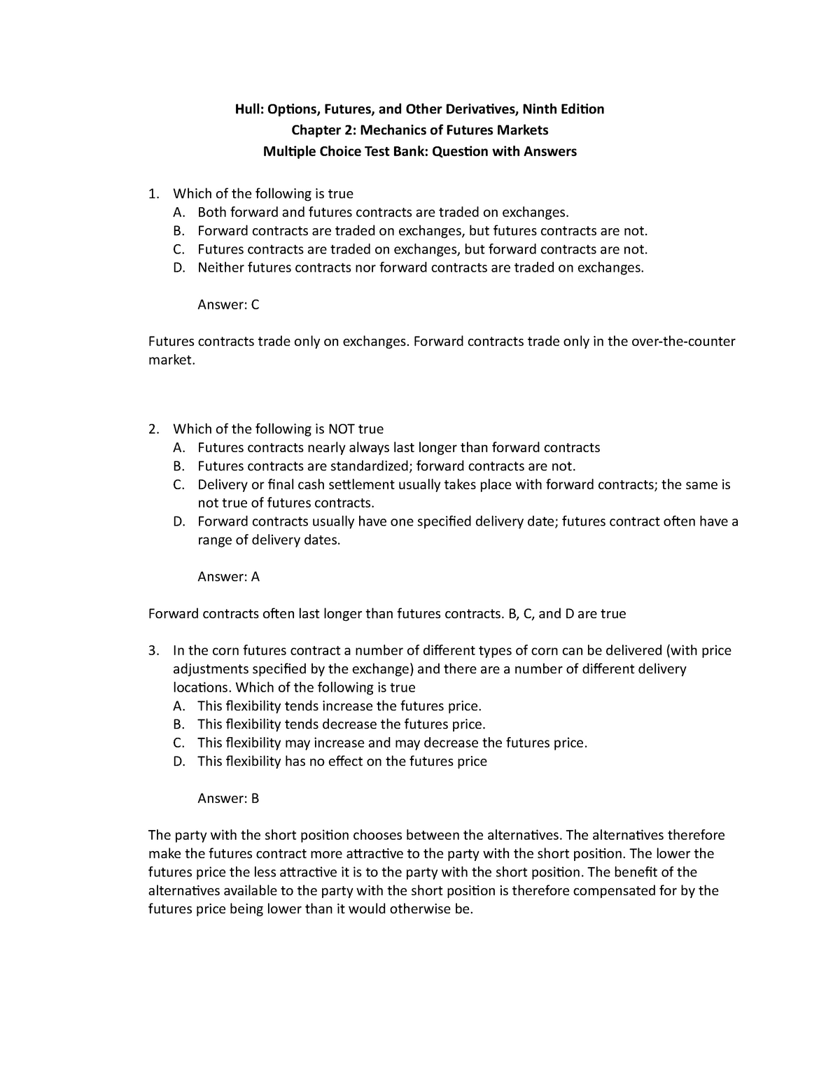 Hull OFOD9e Multiple Choice Questions And Answers Ch02 - Hull: Options ...