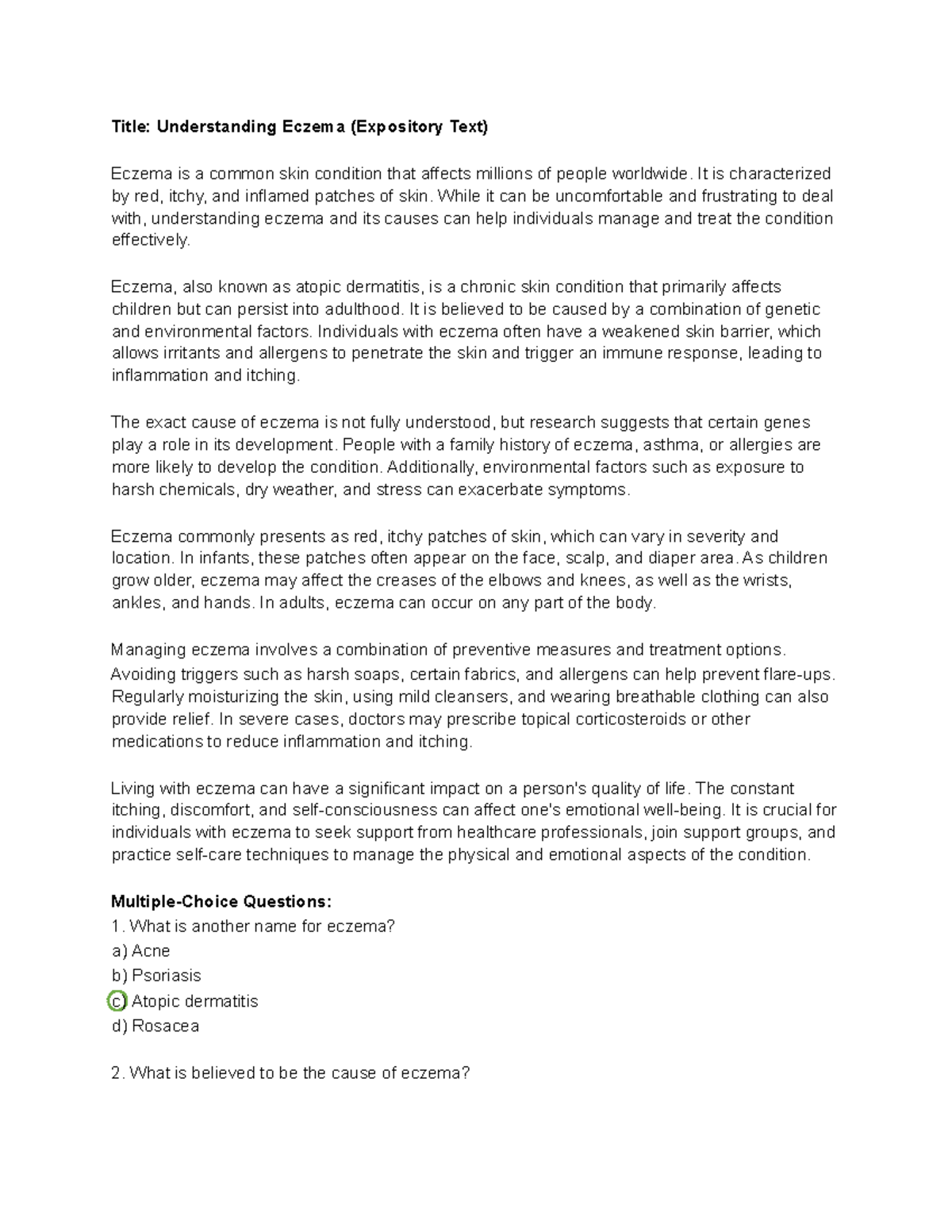 Skimming and Scanning Exercises Answers Title Understanding Eczema