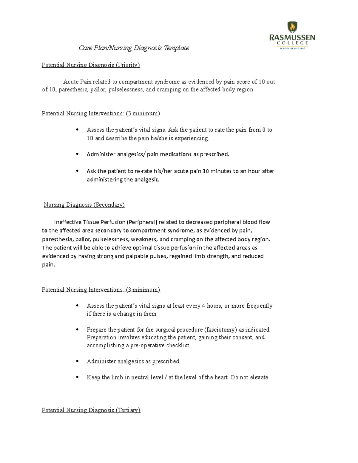 Care Plan-Compartment Syndrome - Care Plan/Nursing Diagnosis Template ...