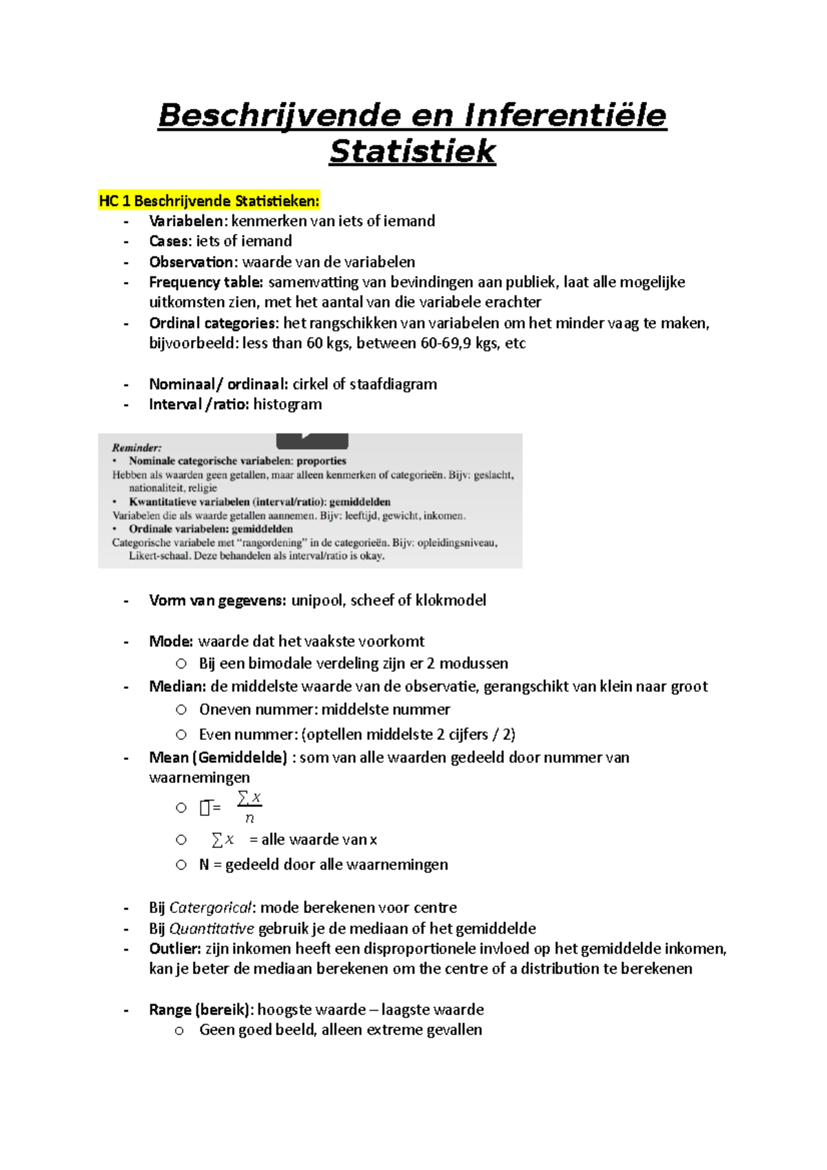 BIS HC 1 - Module 1 - Beschrijvende En Inferentiële Statistiek HC 1 ...