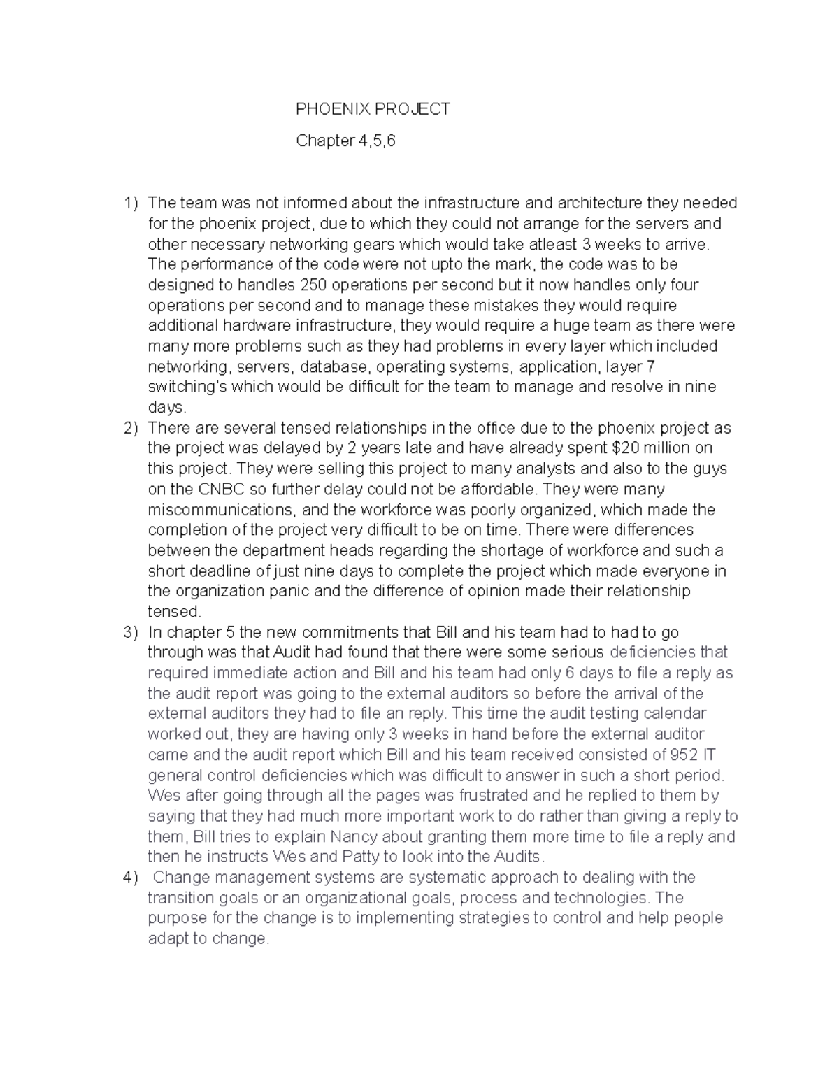 Phoenix Project chp 4,5,6 - PHOENIX PROJECT Chapter 4,5, The team was ...