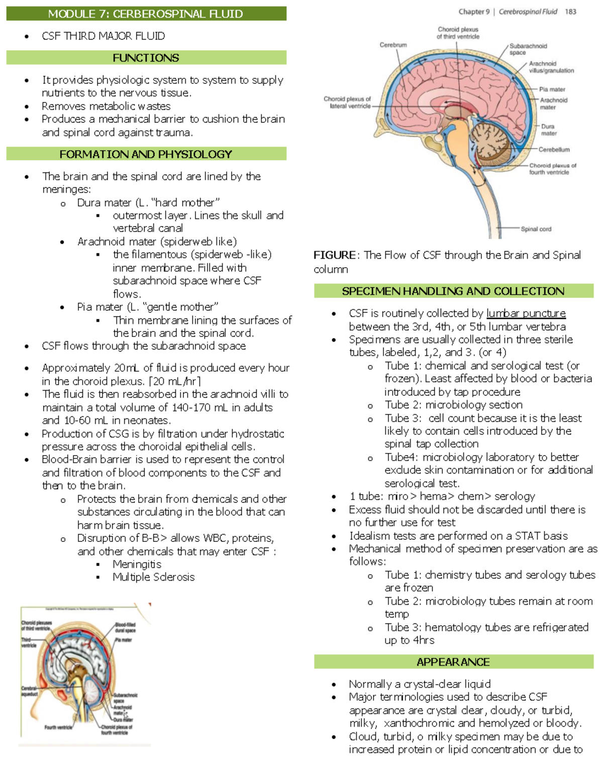 Aubf lecture finals MODULE 7 CERBEROSPINAL FLUID • CSF THIRD MAJOR