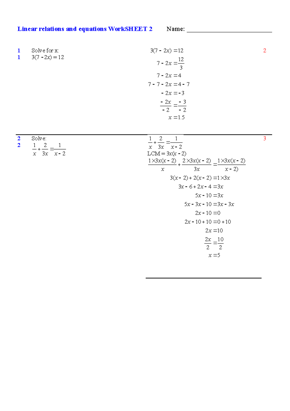 Linear Relations and Equations Worksheet 2 Solutions Linear relations