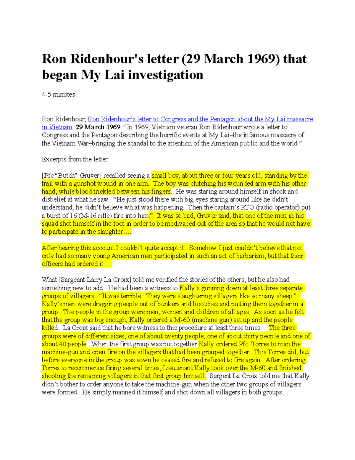 Ron Ridenhour Article Ron Ridenhour's letter (29 March 1969) that