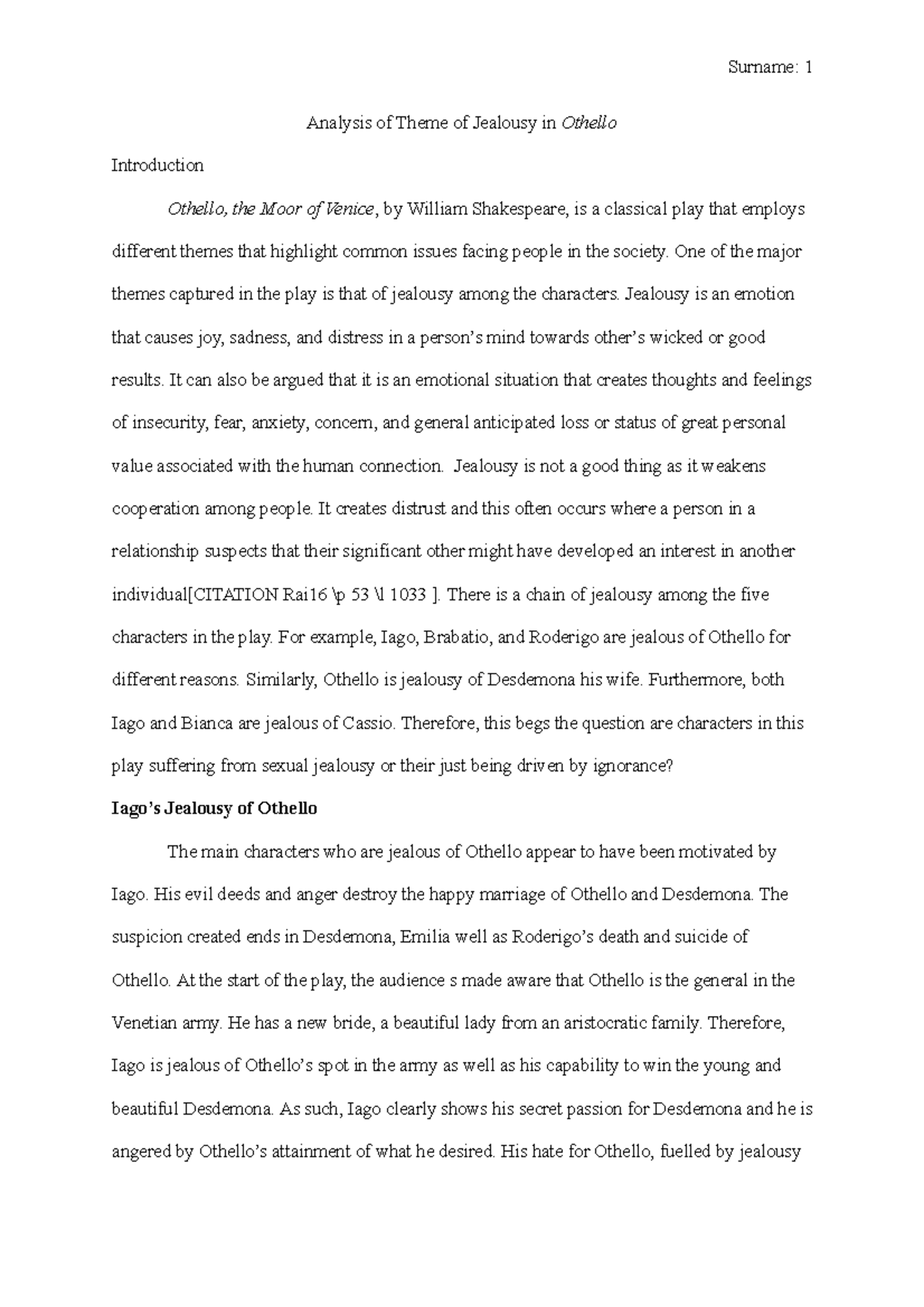 Analysis of Theme of Jealousy in Othello Analysis of Theme of