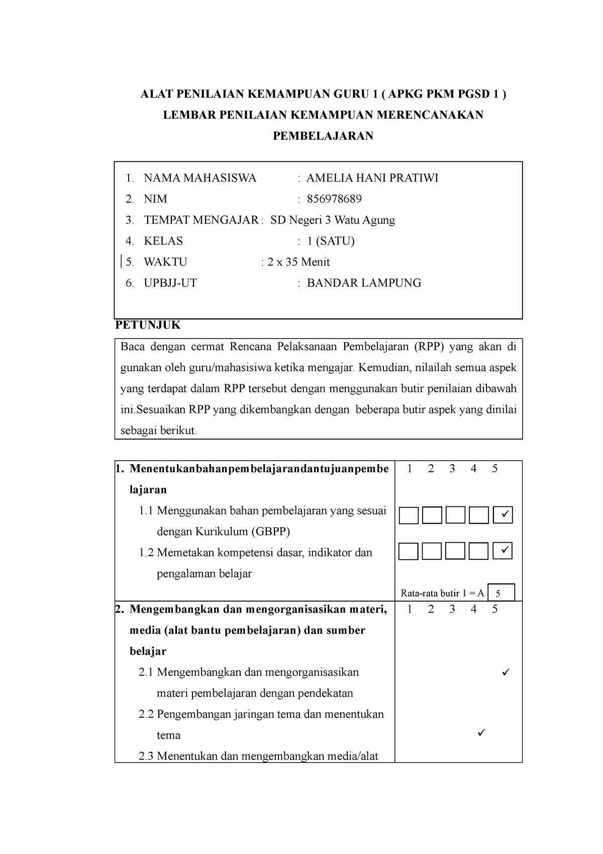 Apkg Amelia Hani Pratiwi Rpp 1 Dan 2 Alat Penilaian Kemampuan Guru 1 Apkg Pkm Pgsd 1 