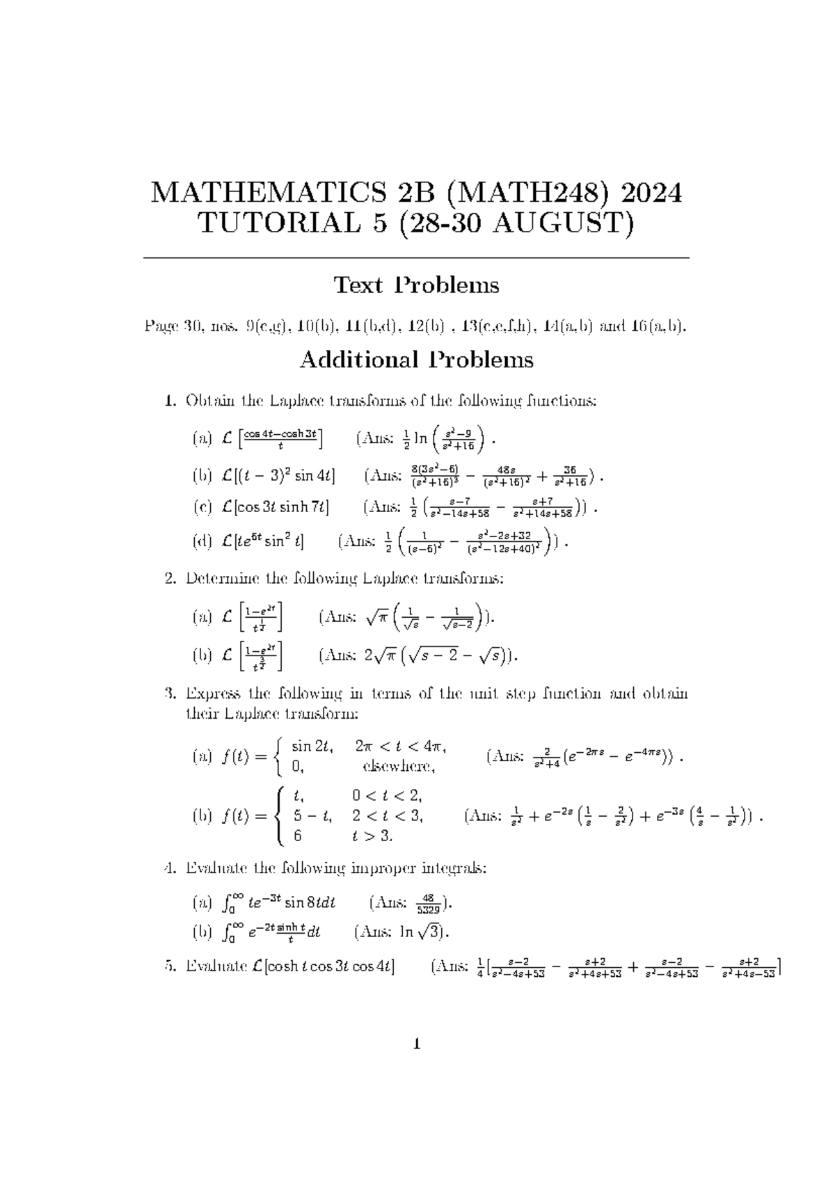 Tutorial 5 - 2024 Tut with answers - MATHEMATICS 2B (MATH248) 2024 ...