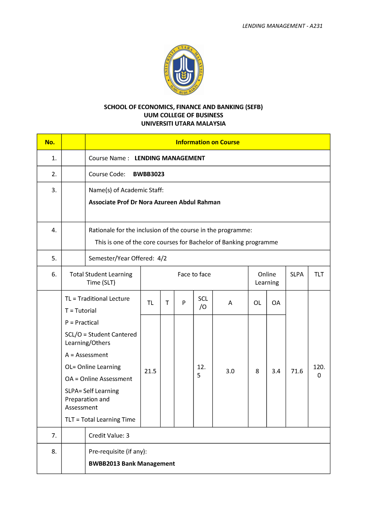 A231- BWBB3023 Syllabus - SCHOOL OF ECONOMICS, FINANCE AND BANKING ...