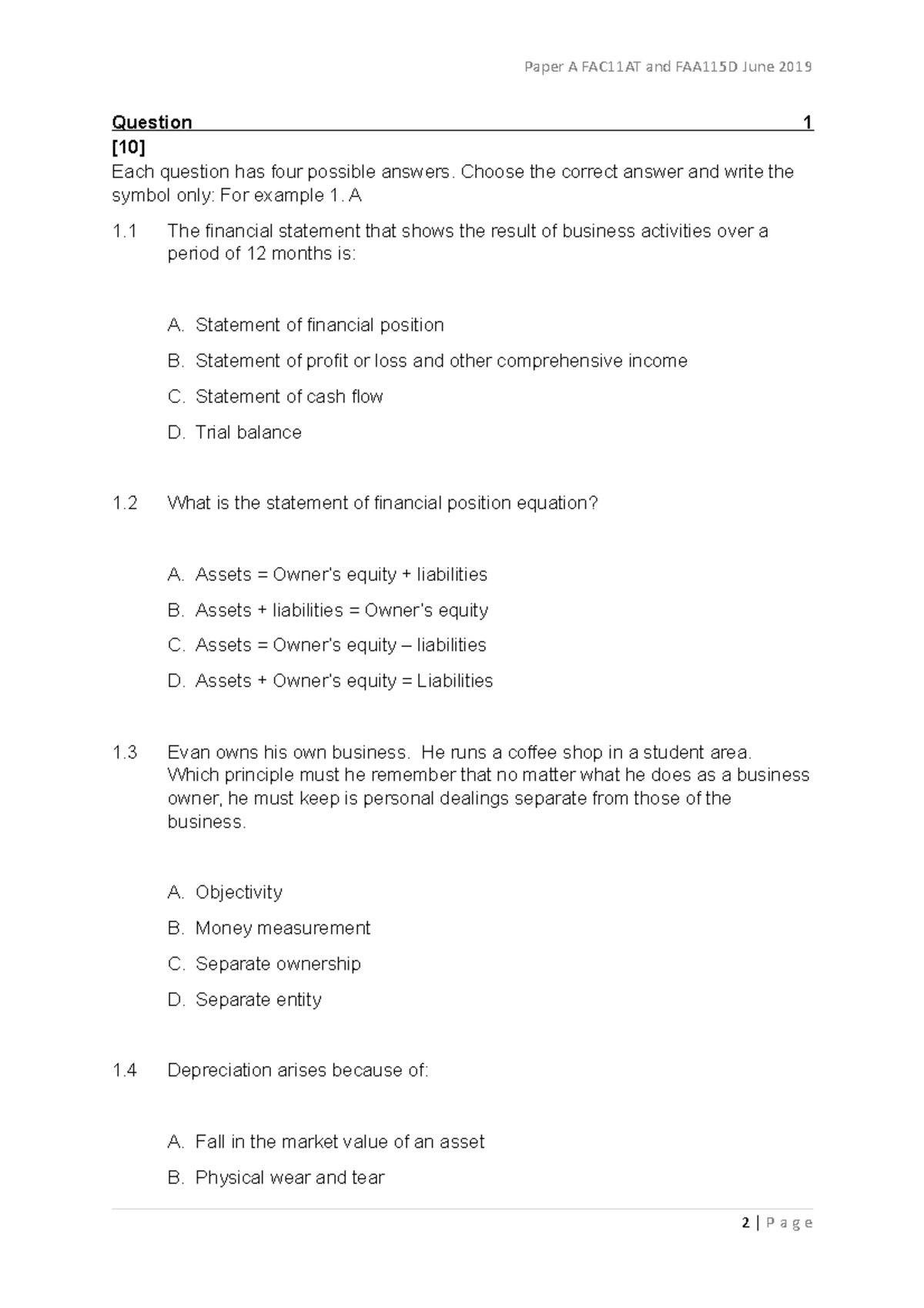 Paper A June 2019 - Question 1 [10] Each question has four possible ...