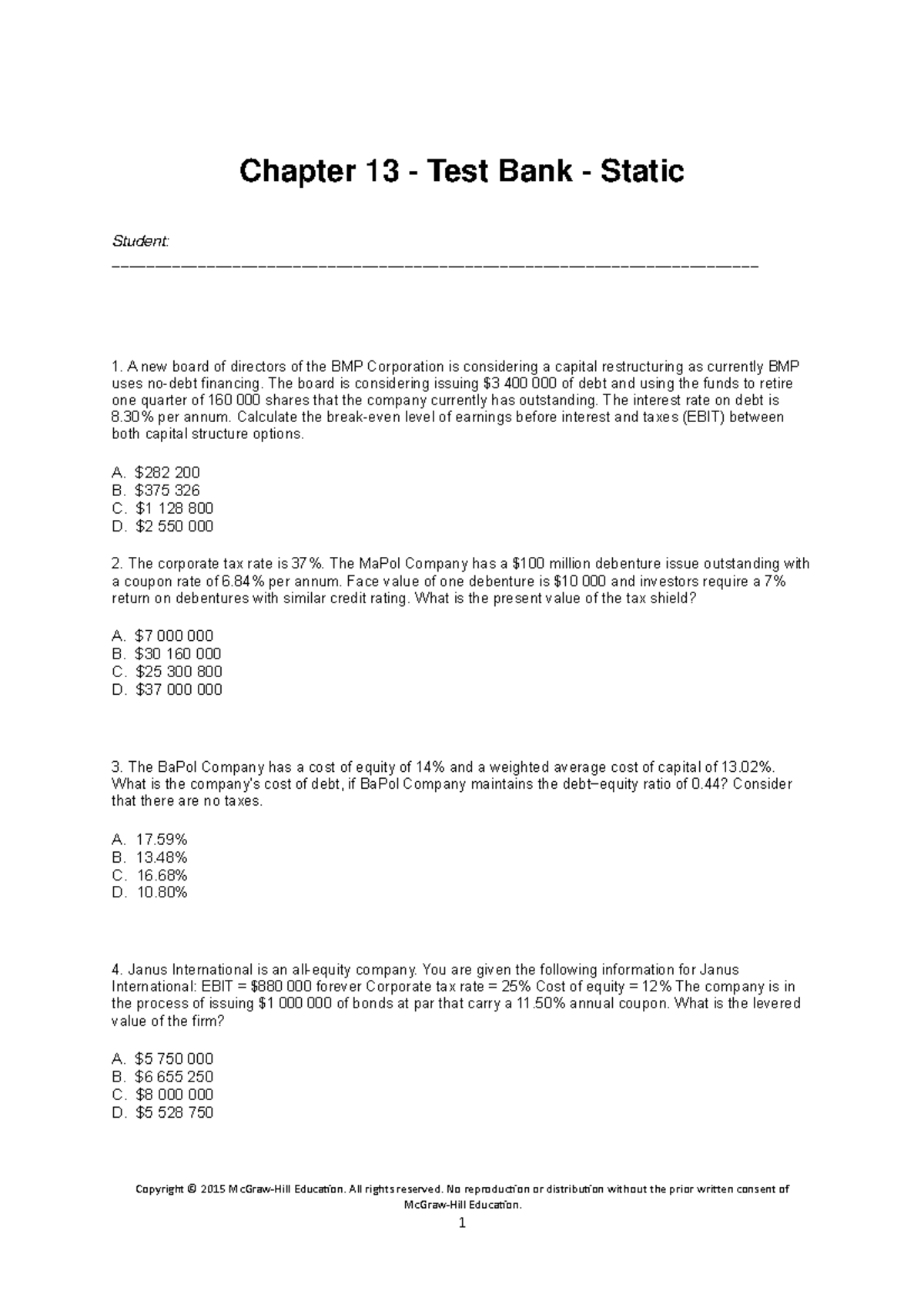 Chapter 13 Testbank 2018 Semester 2 Thank You - Chapter 13 - Test Bank ...