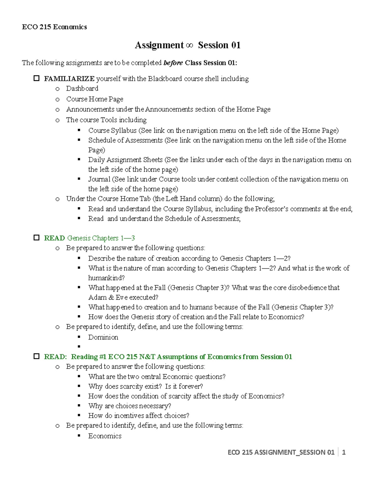 ECO 215 Assignment Session 01 - ECO 215 Economics Assignment ∞ Session ...