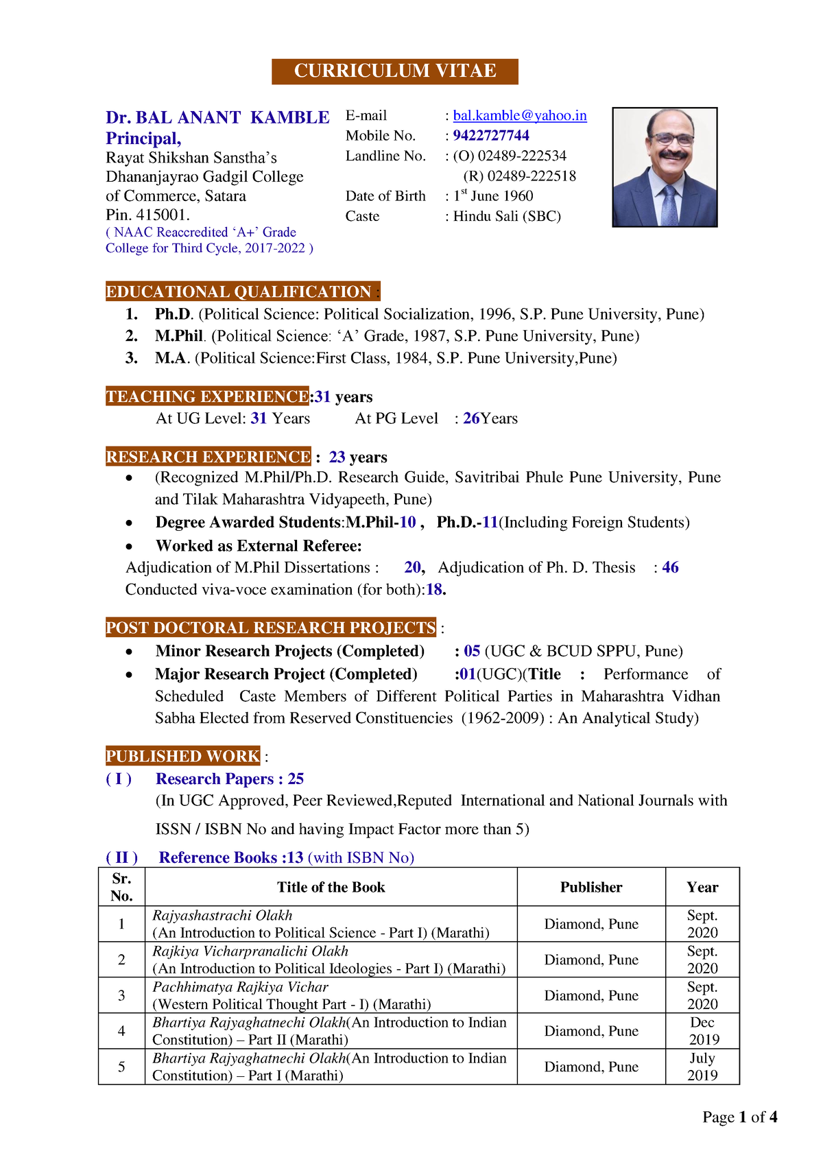 Curriculum Vitate 18 March 2022 - CURRICULUM VITAE Dr. BAL ANANT KAMBLE ...