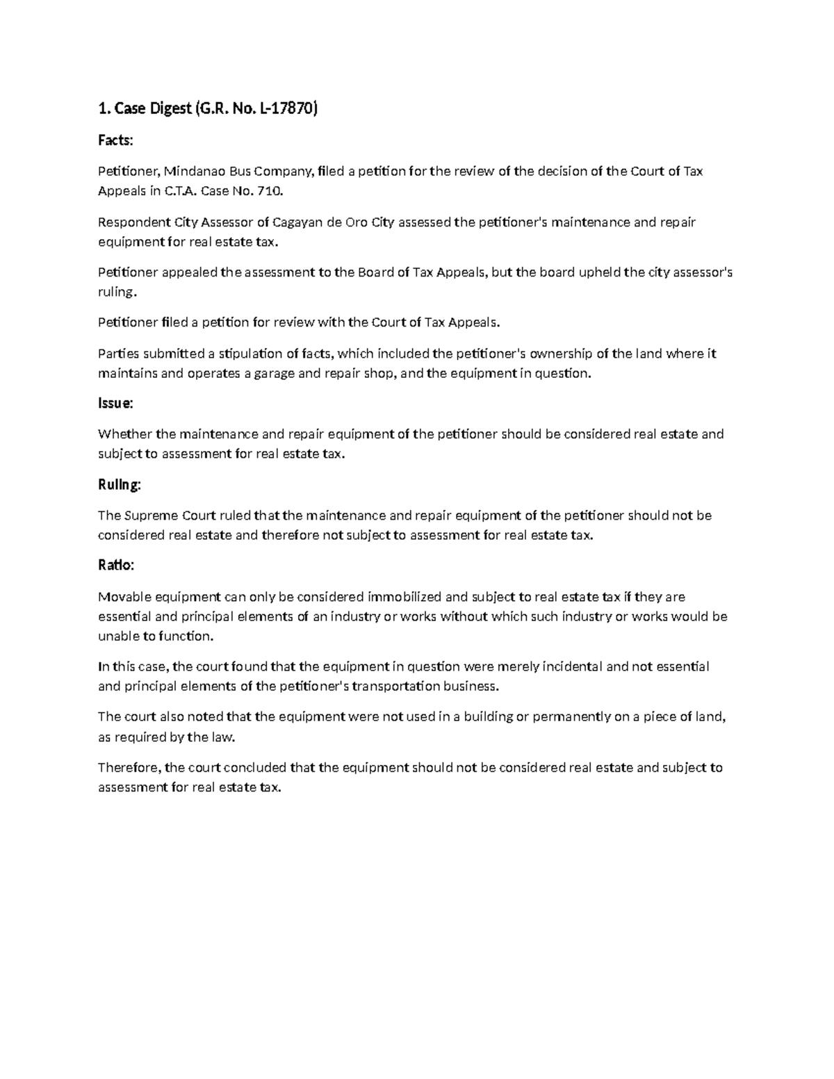 1 Case Digest G.R - Summary Juris Doctor - 1. Case Digest (G. No. L ...