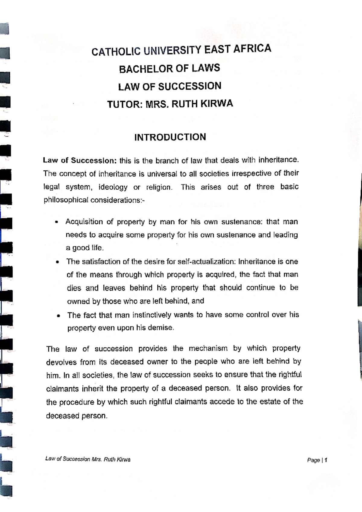 Succession Notes-1 - notes from lecturer - a : ee CATHOLIC UNIVERSITY ...