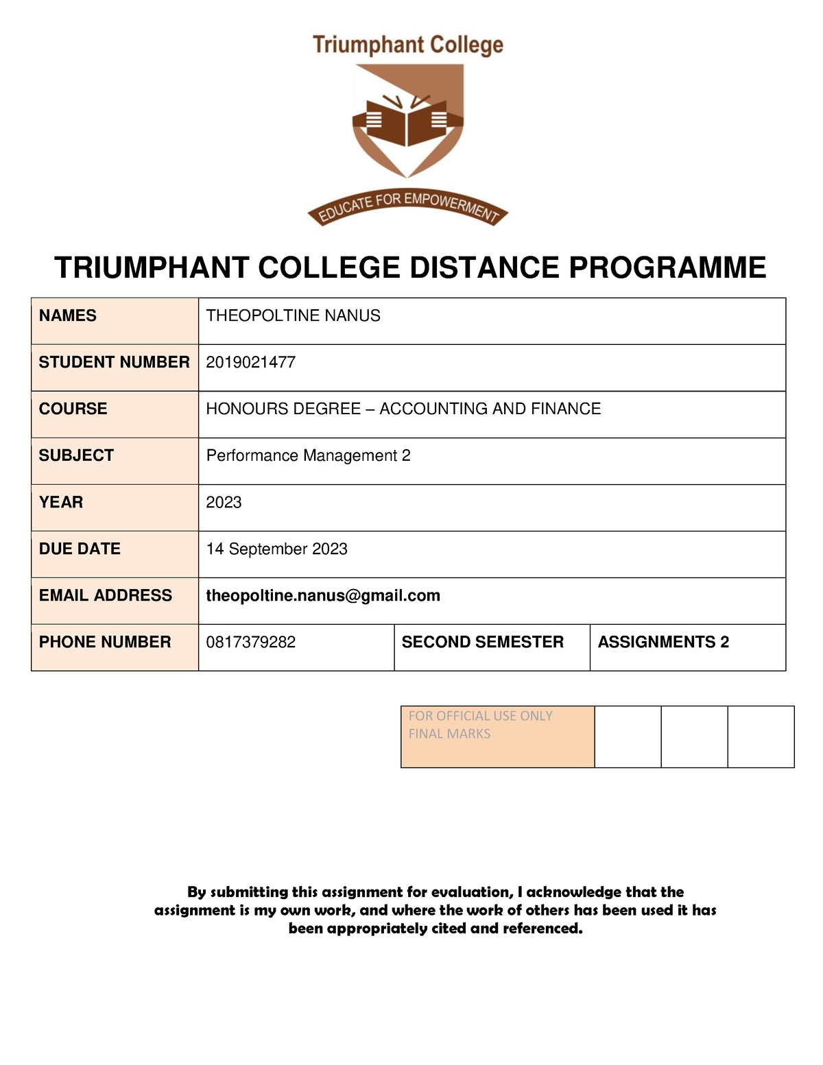 assignment 2 performance management and valuation