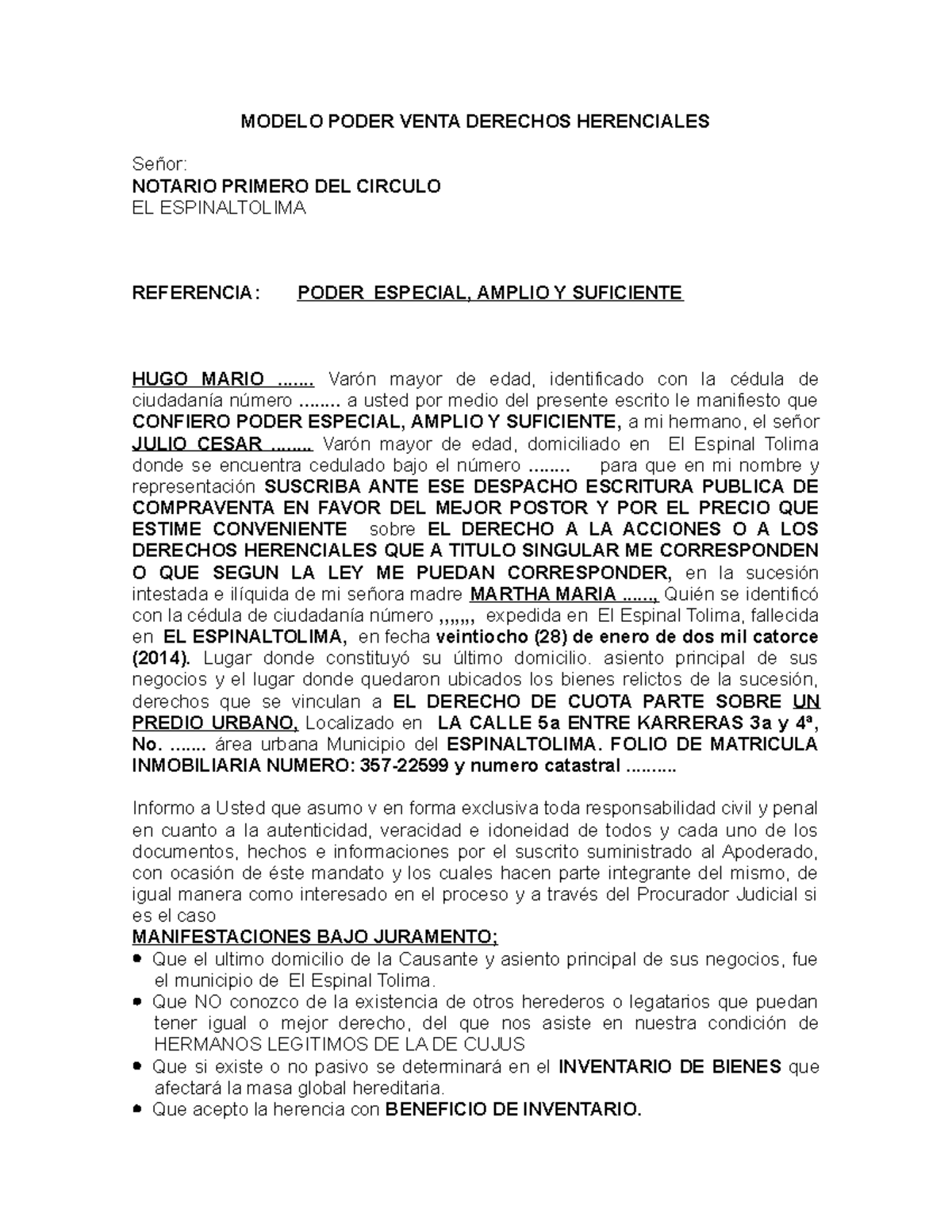 Poder venta derechos herenciales - MODELO PODER VENTA DERECHOS ...
