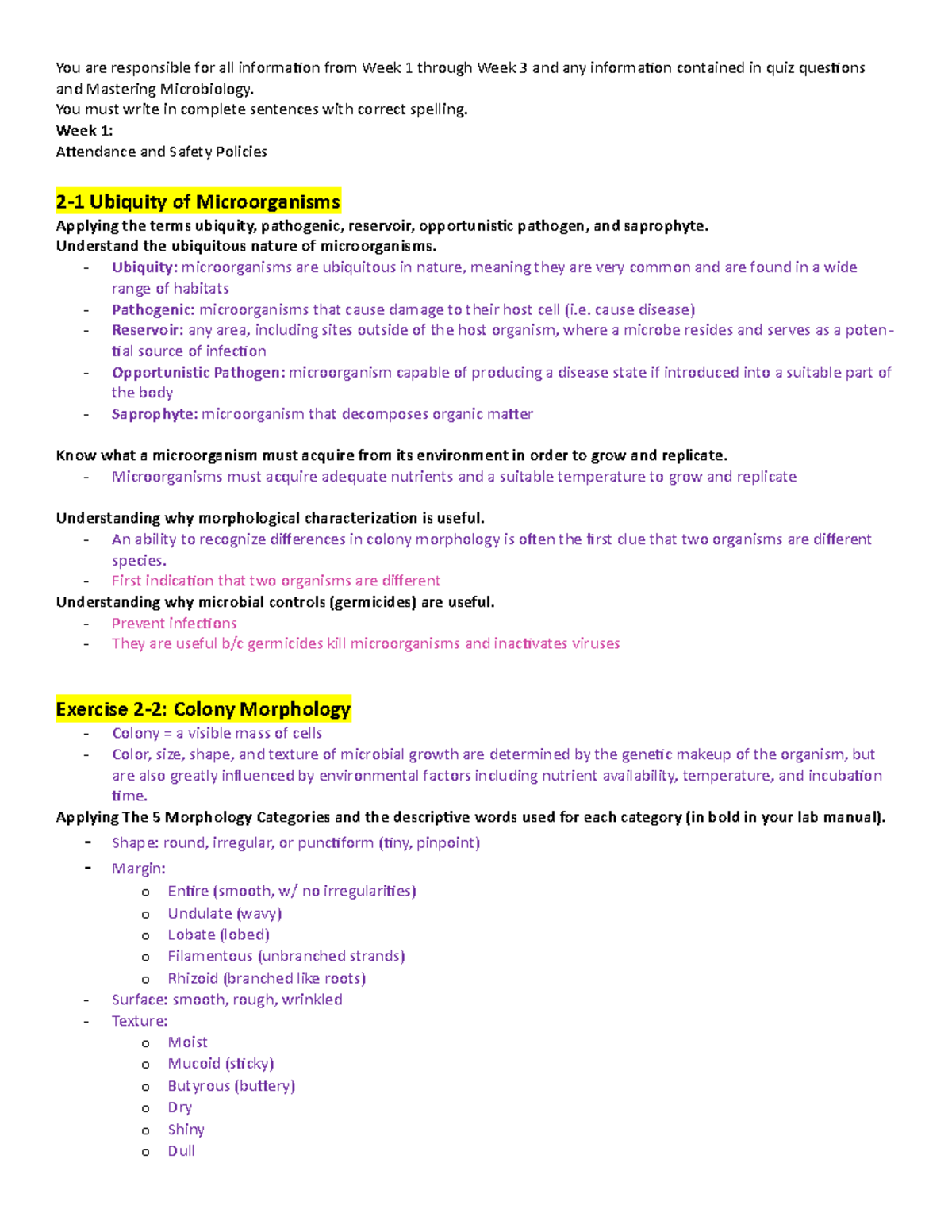 Lab Practical I Study Guide - You are responsible for all information