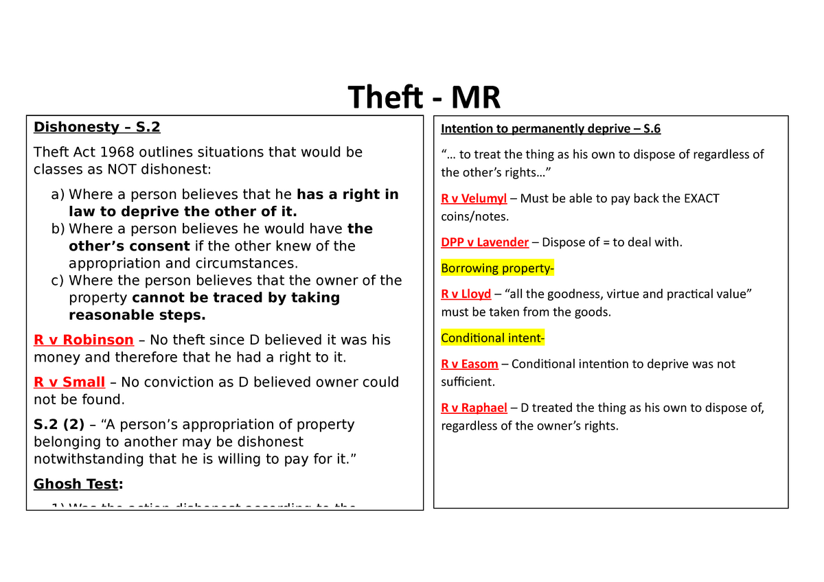 Mr Theft Revision Sheet Theft Mr Dishonesty – S Theft Act 1968