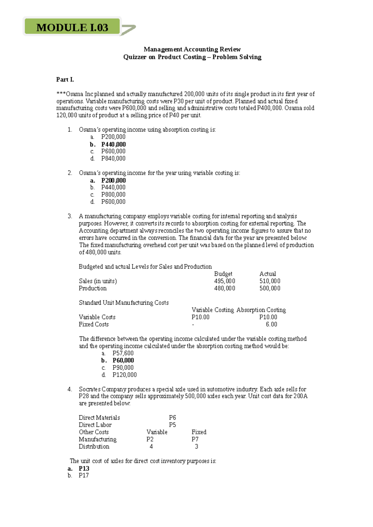 Quizzer IN Product Costing Absorption VS - Management Accounting Review ...