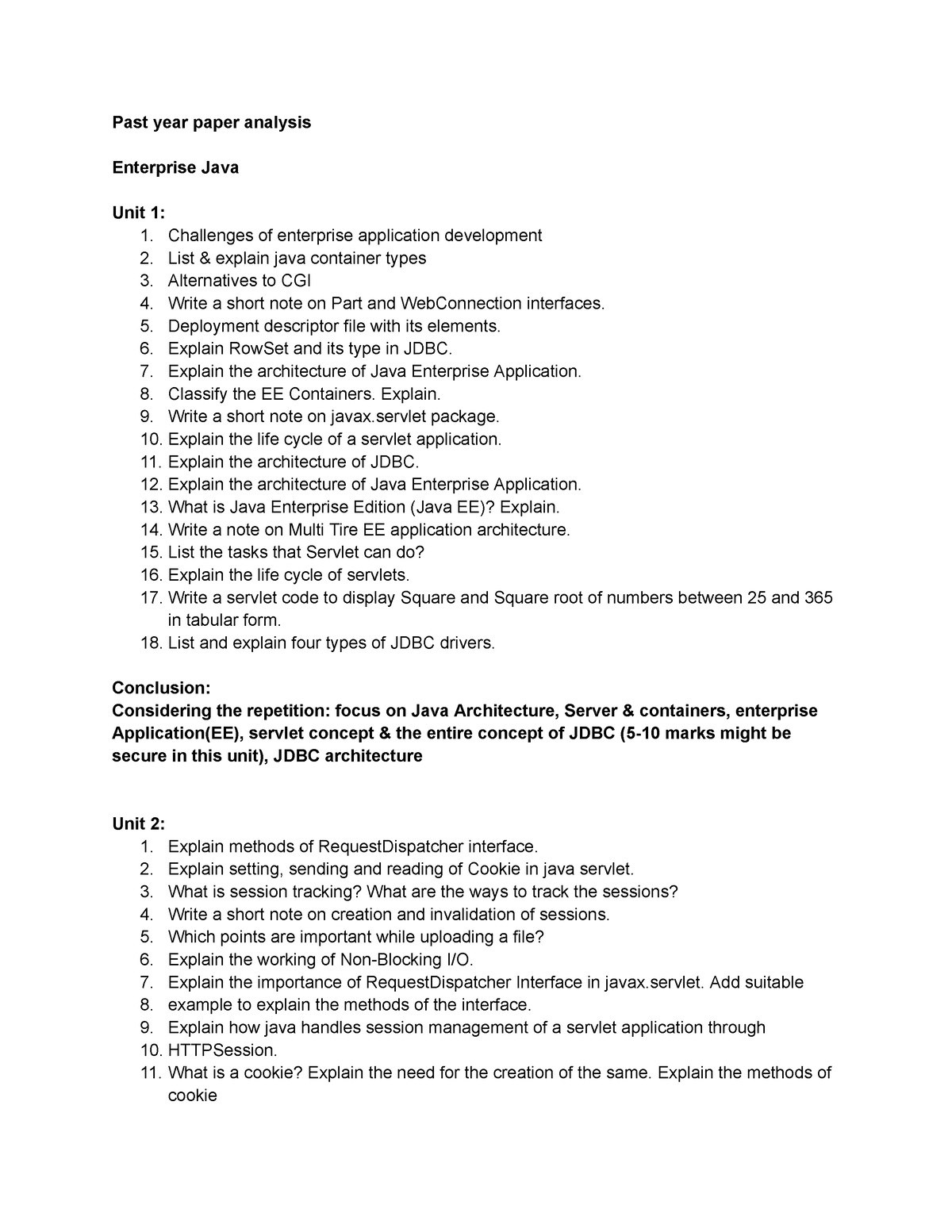 Past Question - Past Year Paper Analysis Enterprise Java Unit 1: 1 ...