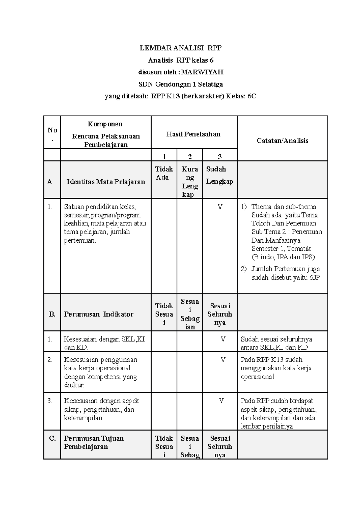 Analisi RPP Kolaborasi - LEMBAR ANALISI RPP Analisis RPP kelas 6 ...