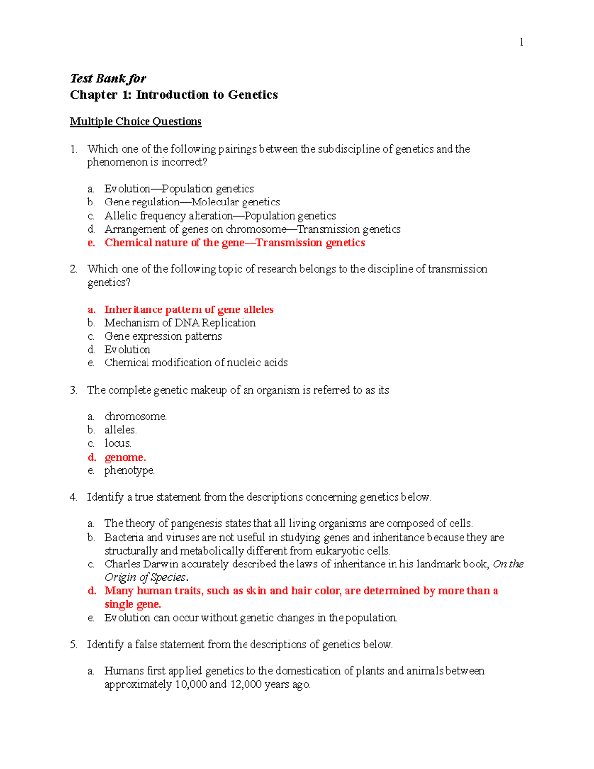 Genetics Exam 1 - Test Bank For Chapter 1: Introduction To Genetics ...