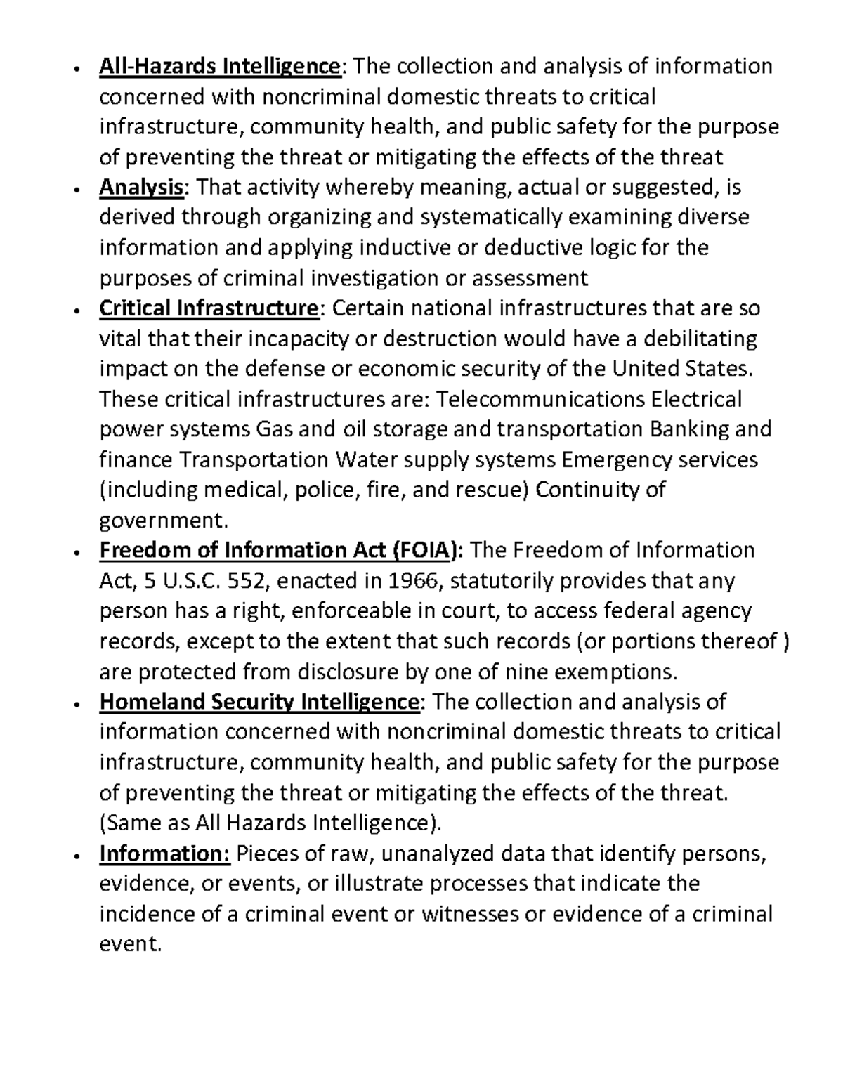 Final study guide - All-Hazards Intelligence : The collection and ...