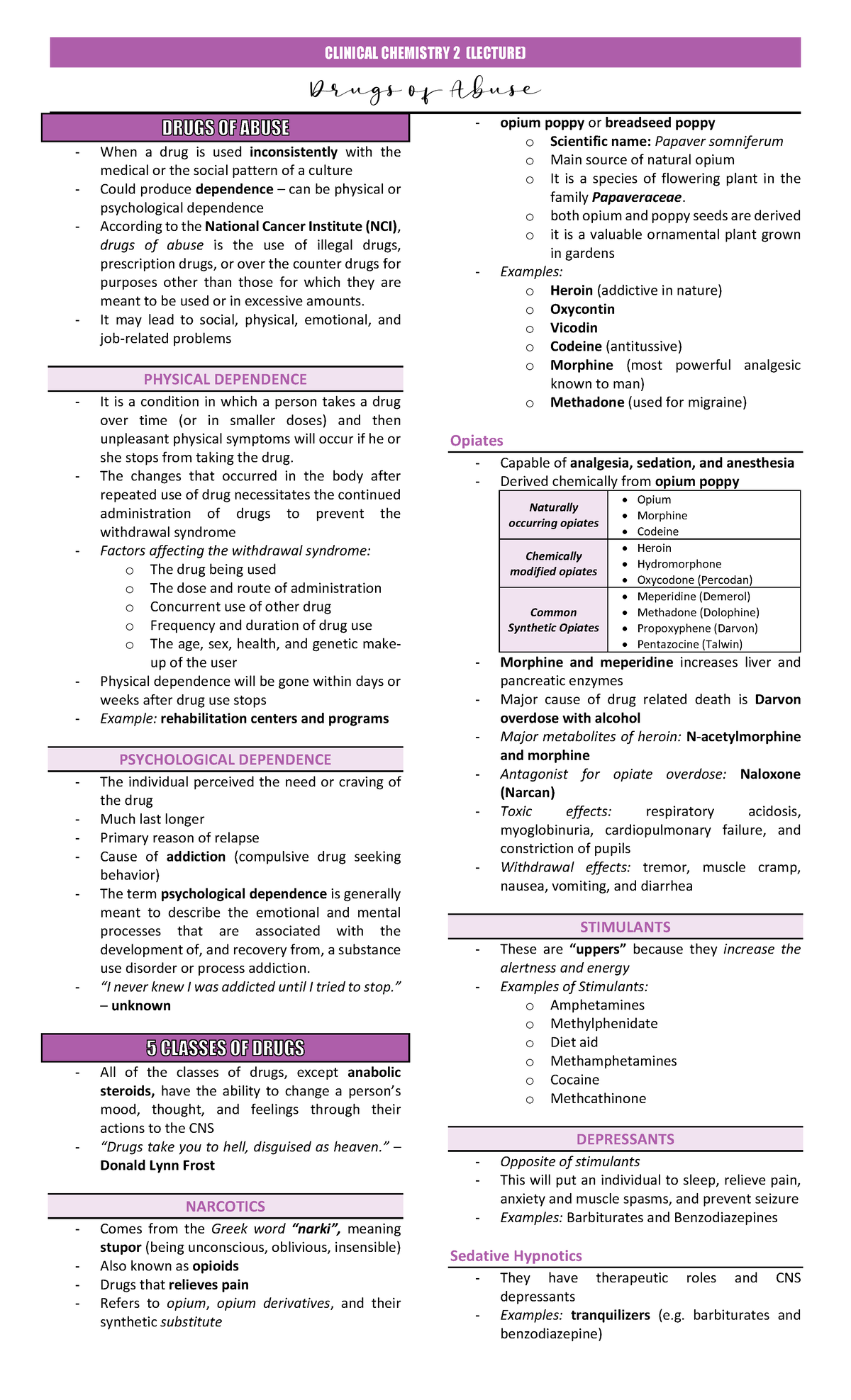 CC2 Lecture Long Quiz 6 - Transcription notes. - DRUGS OF ABUSE - When ...