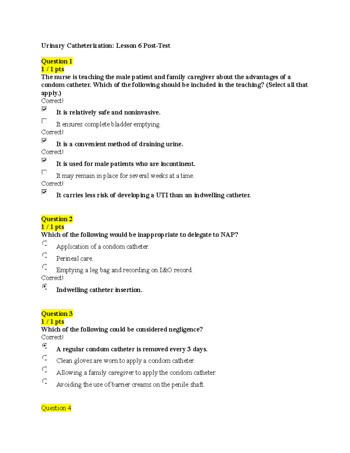 BSN 206 Urinary Catheterization Lesson 6 Post Test Urinary
