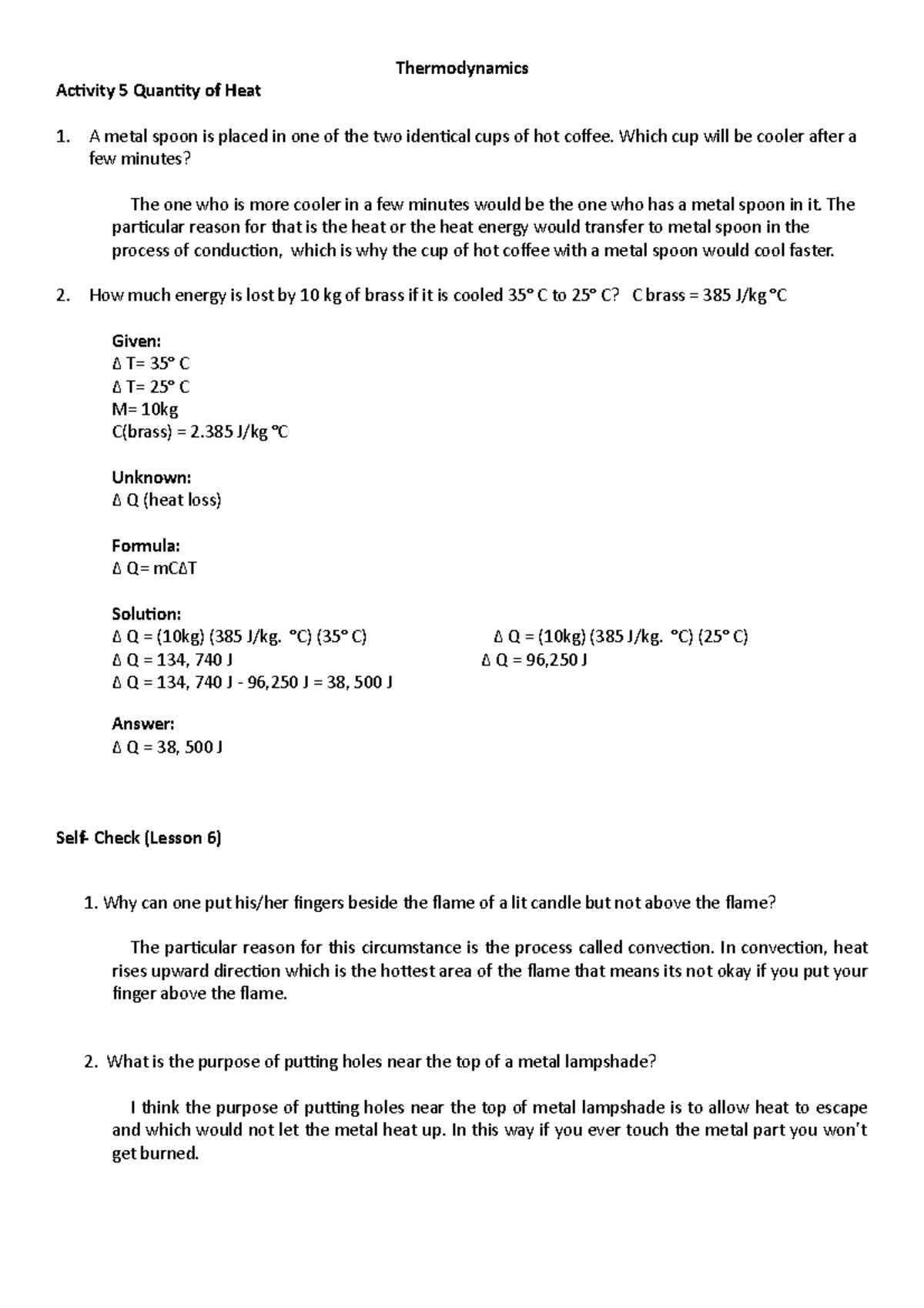 Activity 5 Quantity of Heat - Thermodynamics Activity 5 Quantity of ...