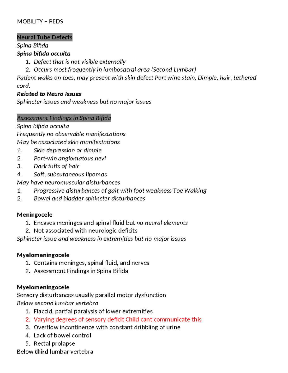 NUR 208 - Mobility PEDS - Lecture Notes - MOBILITY – PEDS Neural Tube ...