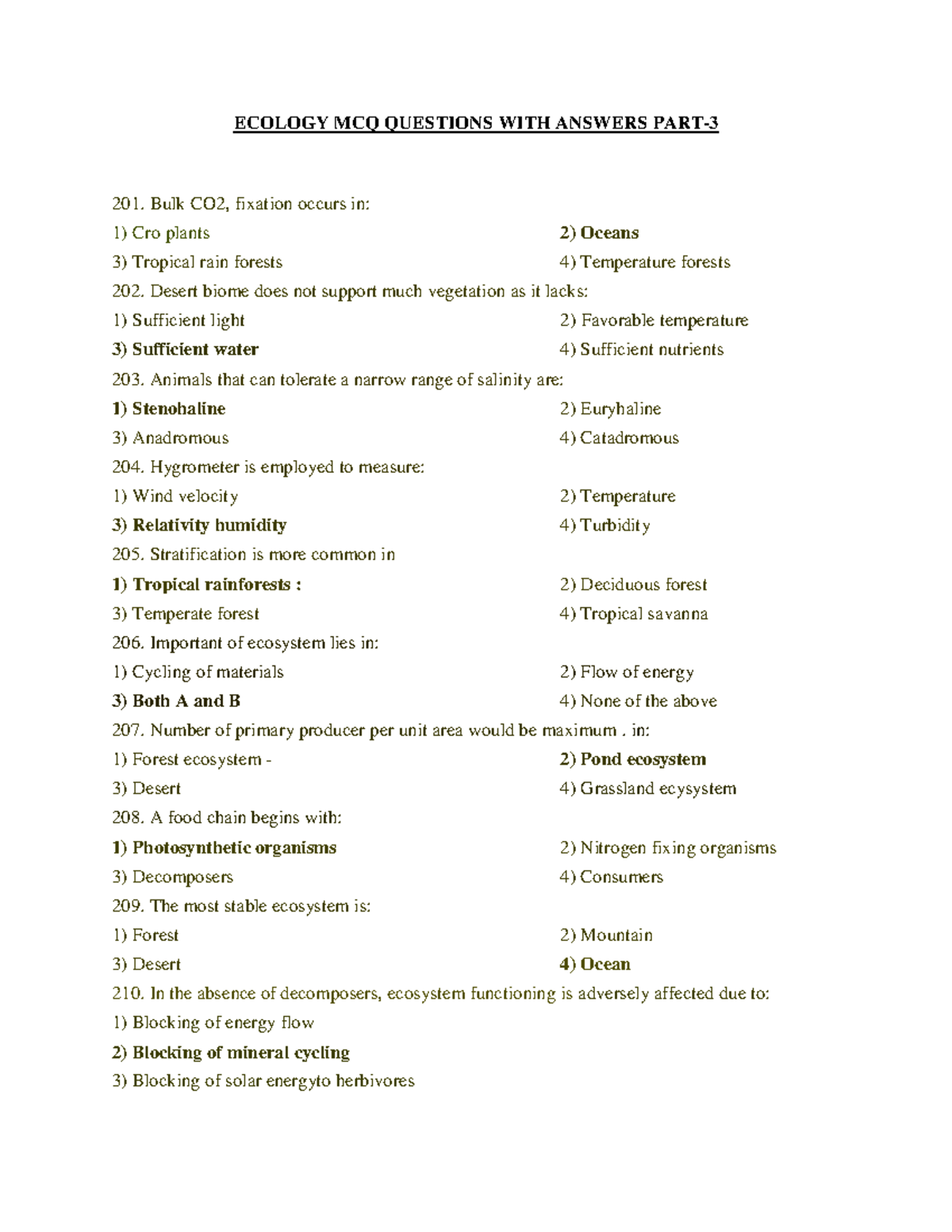 Ecology Practice Questions WITH Answers 3 - ECOLOGY MCQ QUESTIONS WITH ...