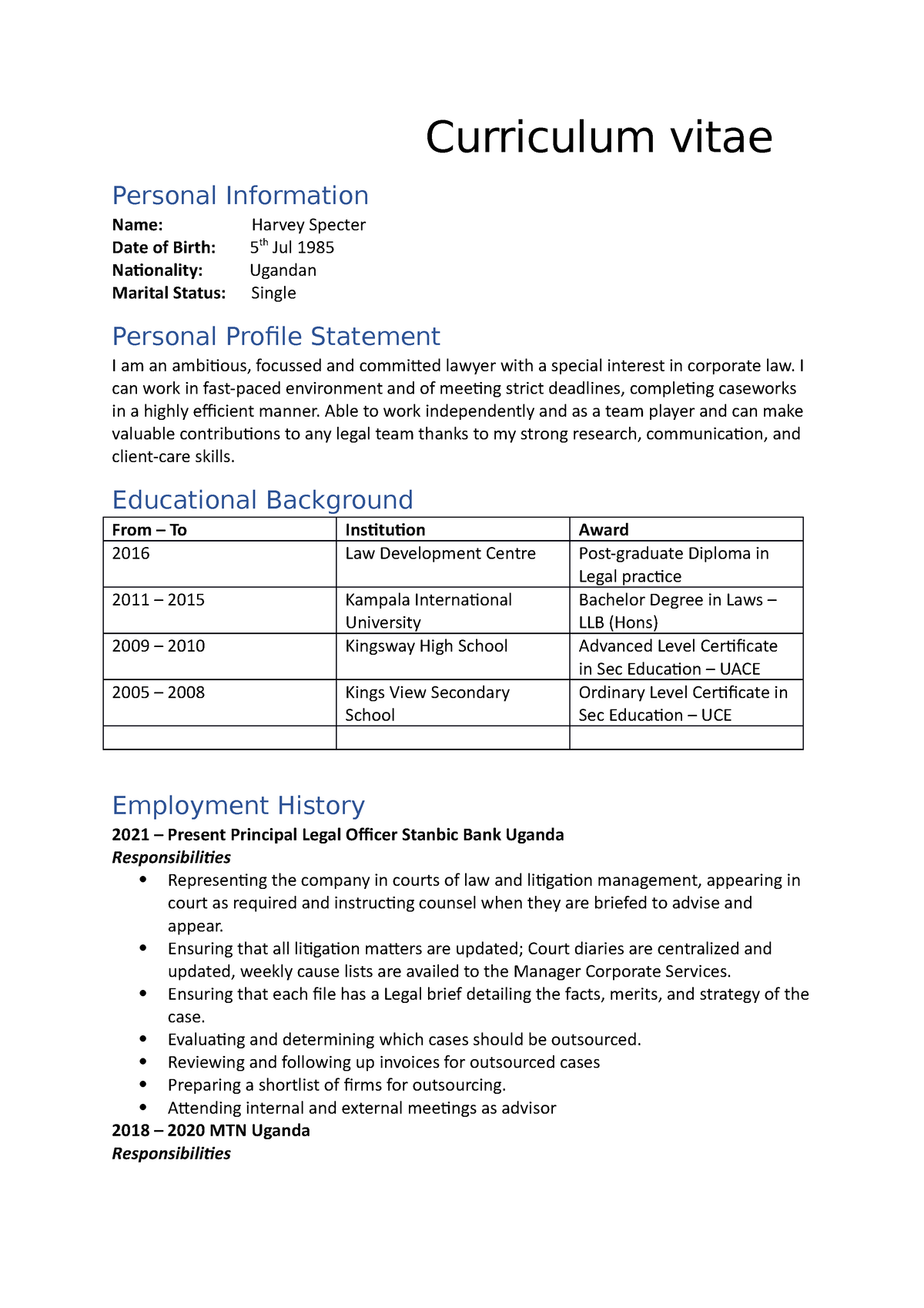 Harvey Specter - Writing A Curriculum Vitae - Curriculum Vitae Personal ...